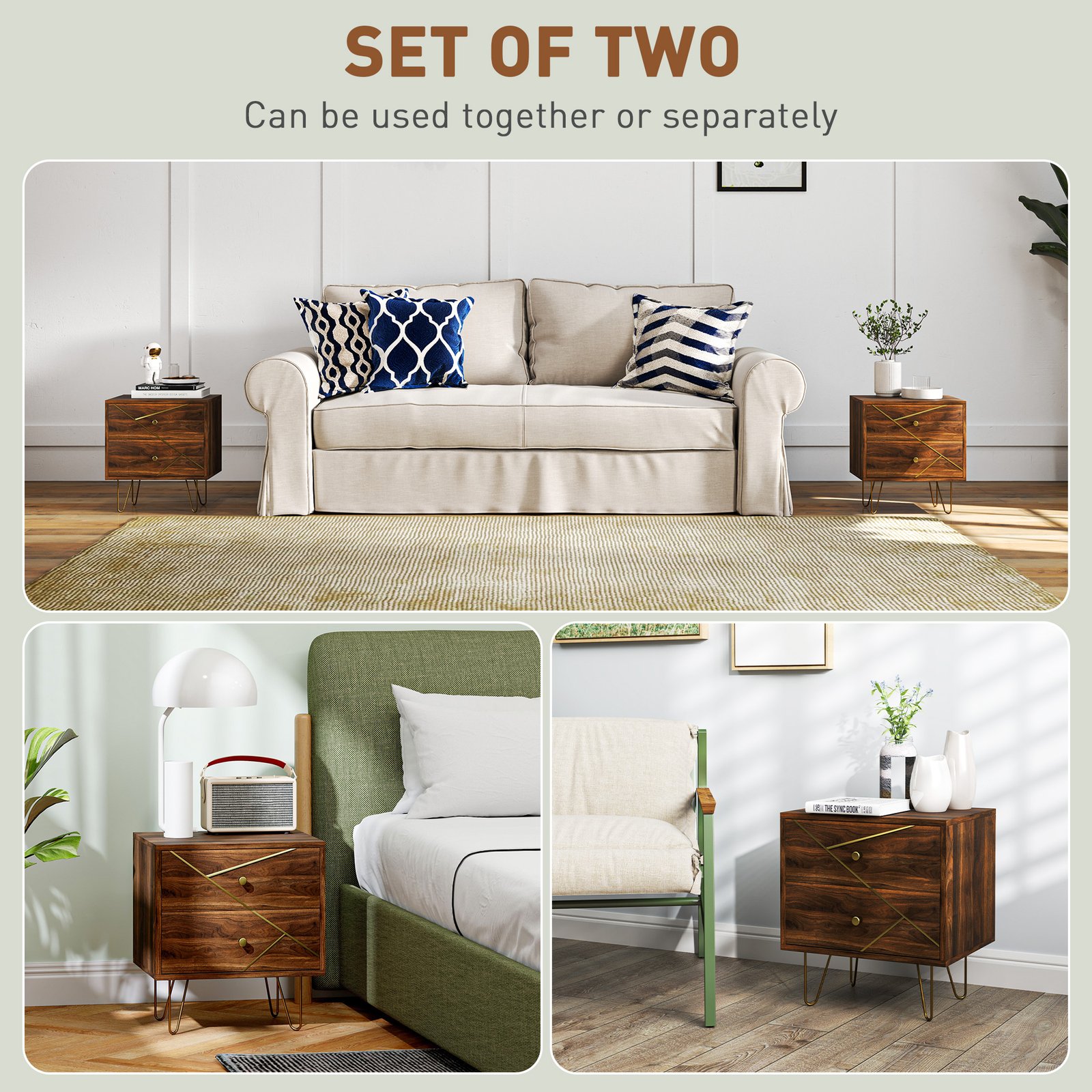 HOMCOM Bedside Tables Set of 2, Modern Side Table Set with 2 Drawers and Steel Hairpin Legs, Nightstand for Bedroom, Brown Wood Grain - Image 4