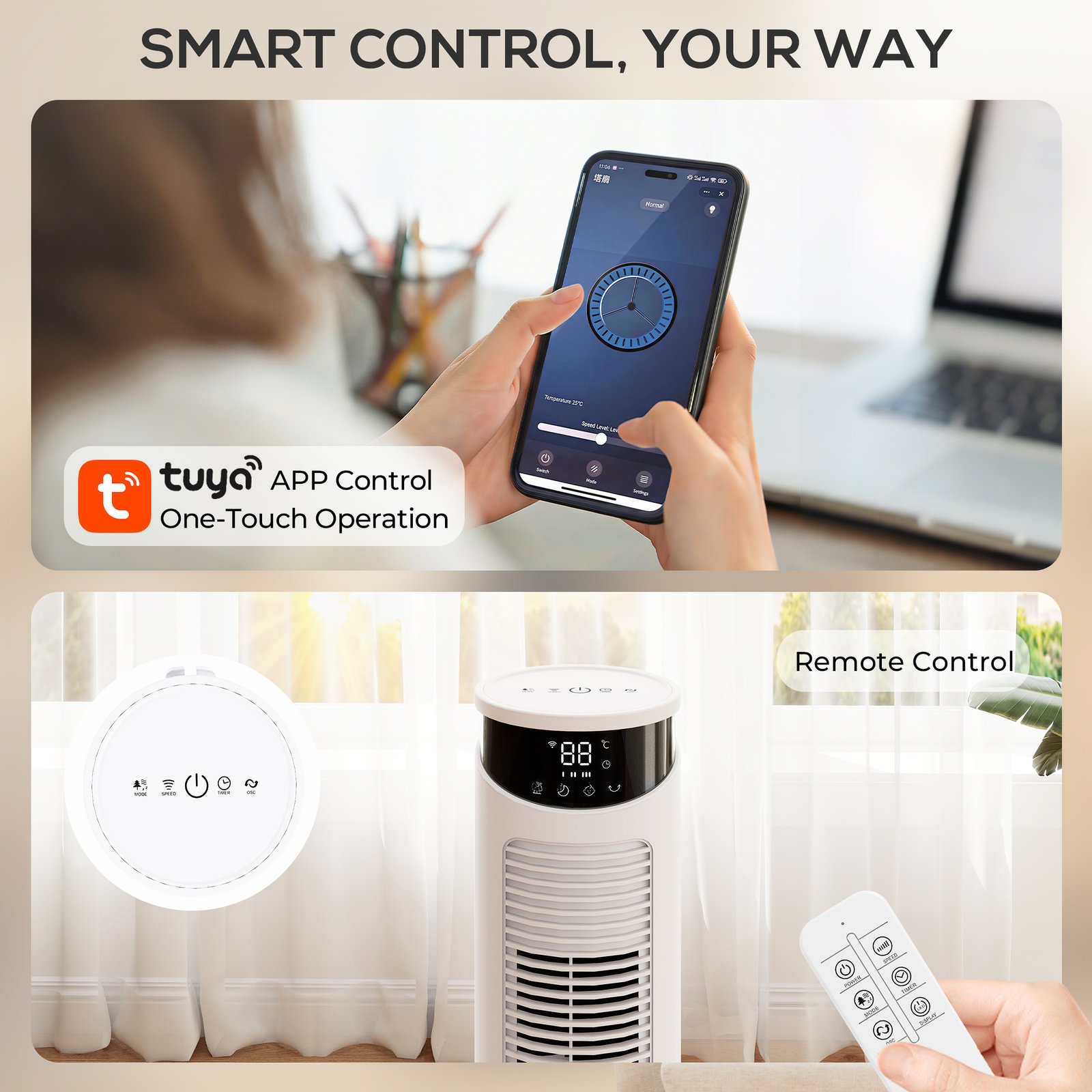 HOMCOM Tower Fan with WiFi Control Standing Floor Fan with Remote Control 116 cm White - Image 4