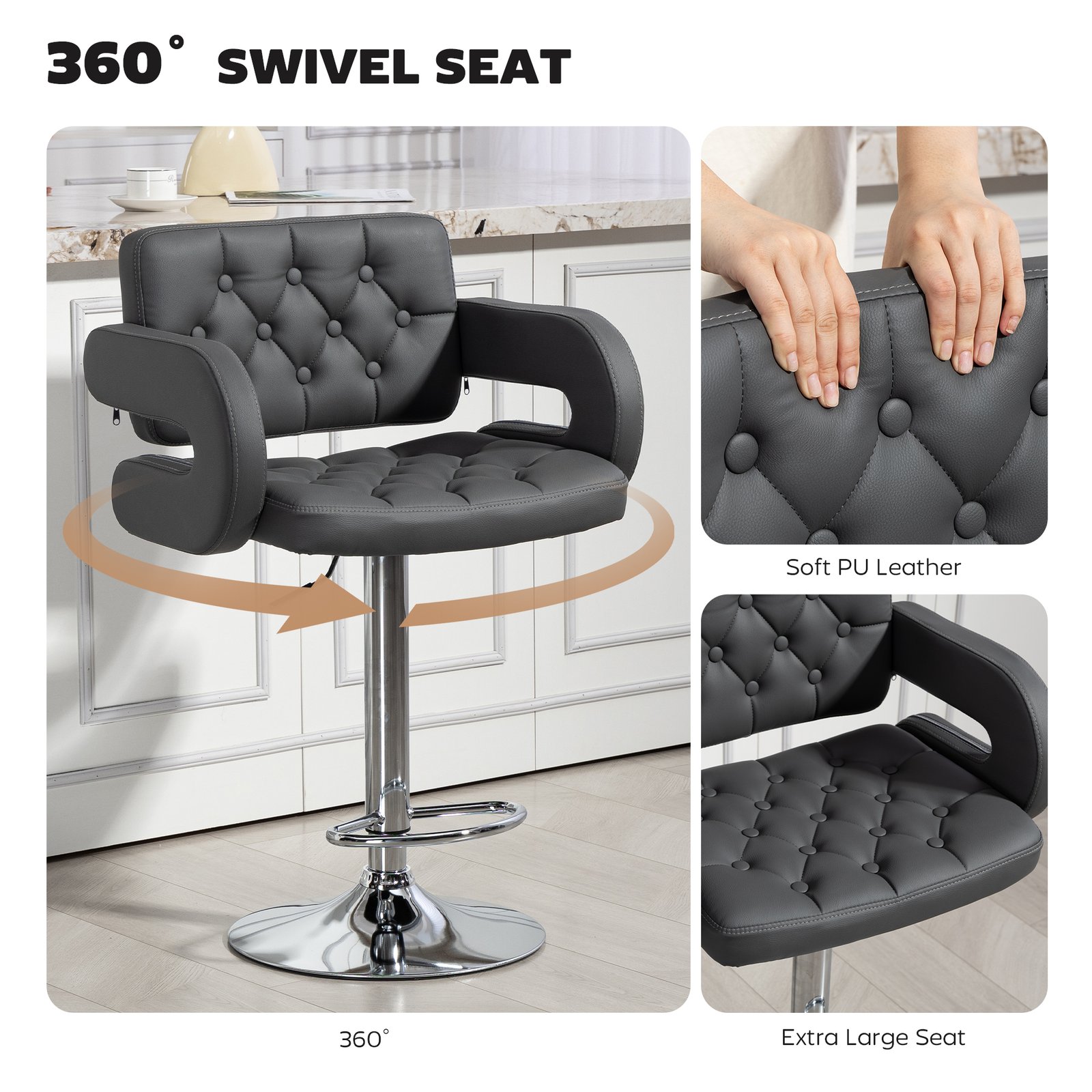 HOMCOM PU Leather Upholstered Swivel Bar Stool, Height Adjustable with Back, Armrest, Footrest, Grey - Image 5