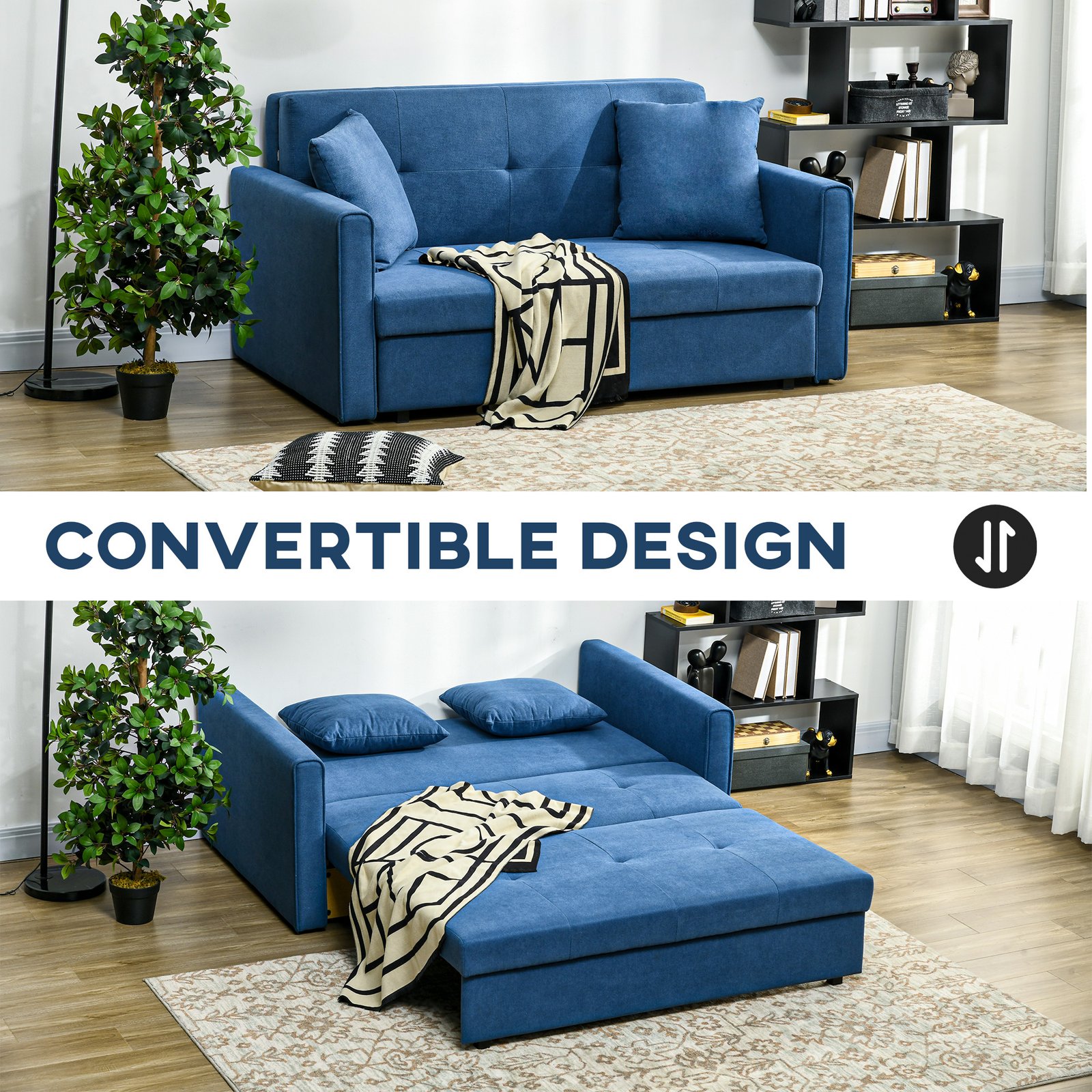 HOMCOM 2 Seater Sofa Bed with Hidden Storage, Pull Out Convertible Bed Settee, Modern Snow Flannel Loveseat Sofa Sleeper with 2 Cushions for Living Room, Guest Room, Deep Blue - Image 4