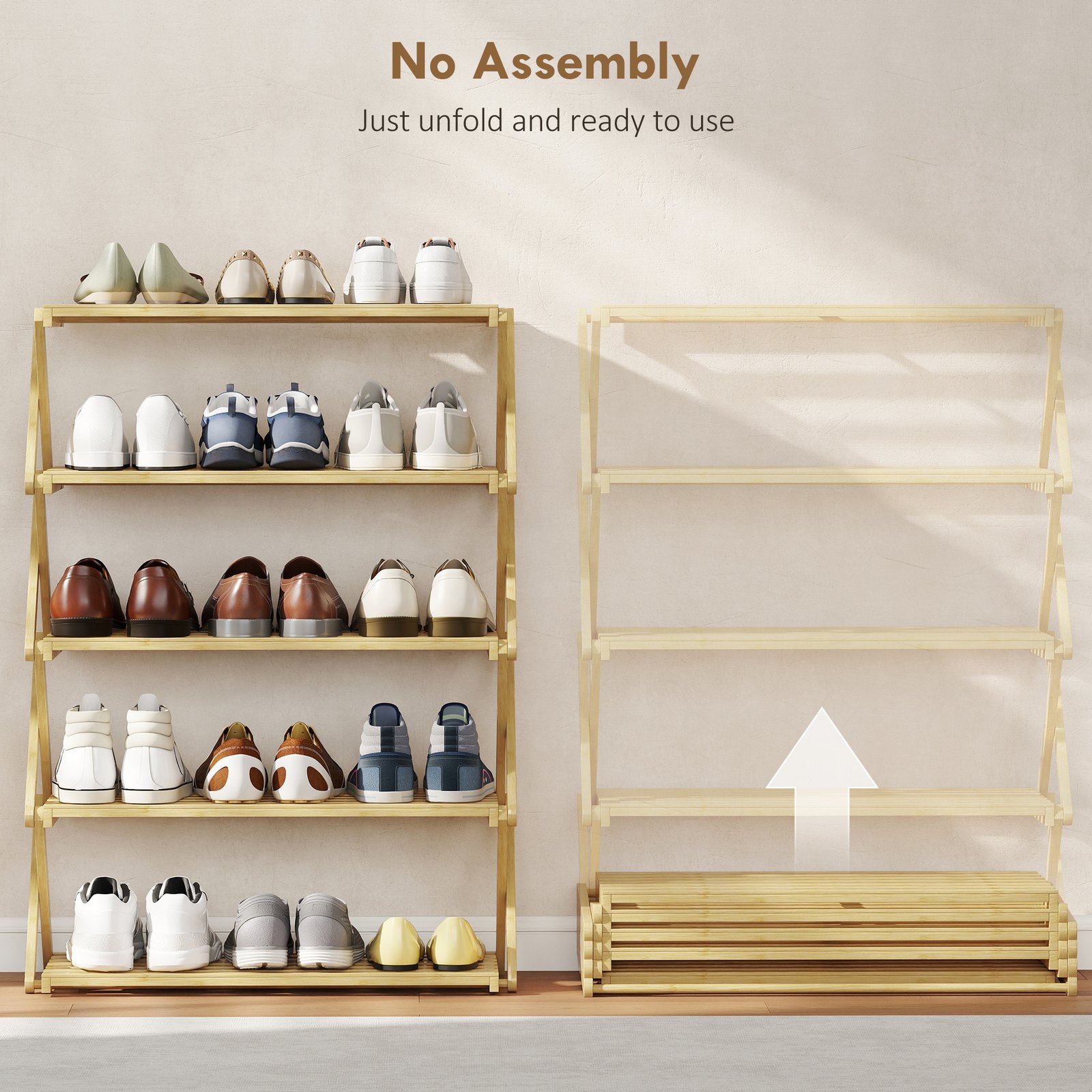 HOMCOM Five-Tier Folding Bamboo Shoe Rack - Natural Finish - Image 4
