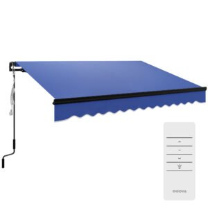 Outsunny 3 x 2.5m Electric Awning with LED Light and Remote Controller, Aluminium Frame DIY Retractable Awning, UV50+ Sun Shade Canopy for Garden Patio Deck Door Window, Blue