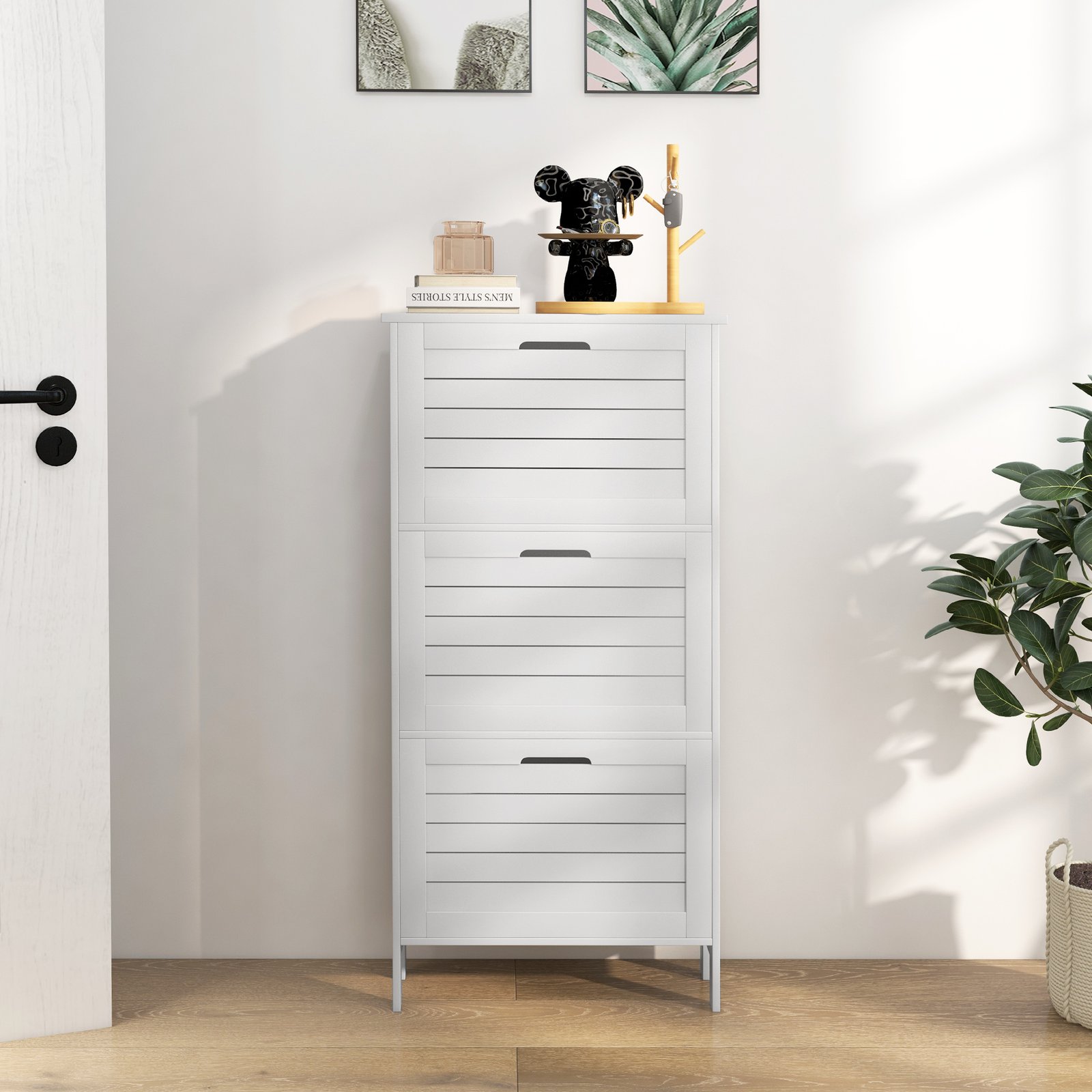 HOMCOM Narrow Shoe Cabinet with 3 Flip Drawers - White - Image 6