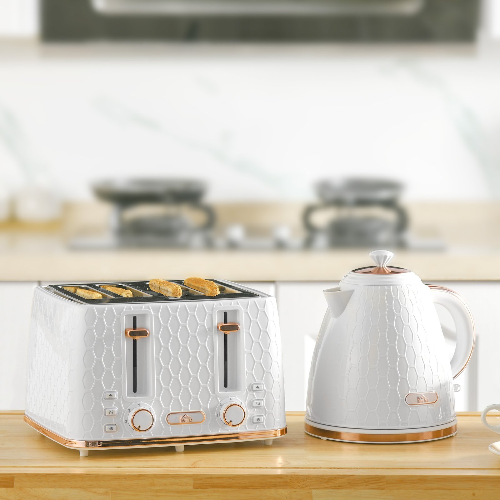 HOMCOM 1.7L 3000W Fast Boil Kettle & 4 Slice Toaster Set, Kettle and Toaster Set with 7 Browning Controls, Crumb Tray, White - Image 2