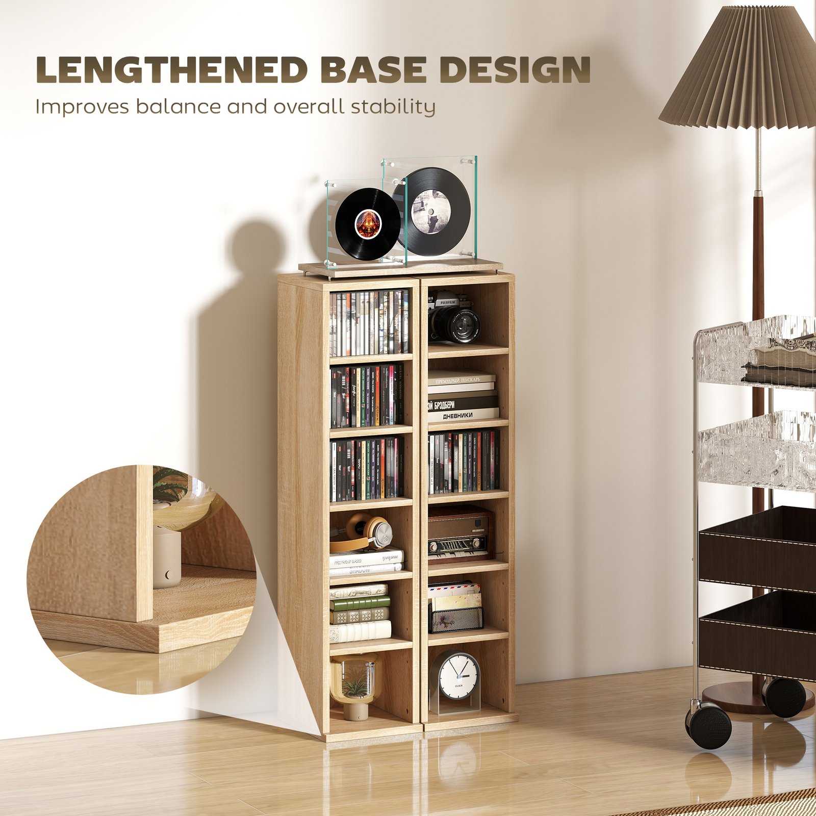 HOMCOM Set of 2 CD Media Display Shelf Unit Tower Rack with Adjustable Shelves, Oak - Image 8