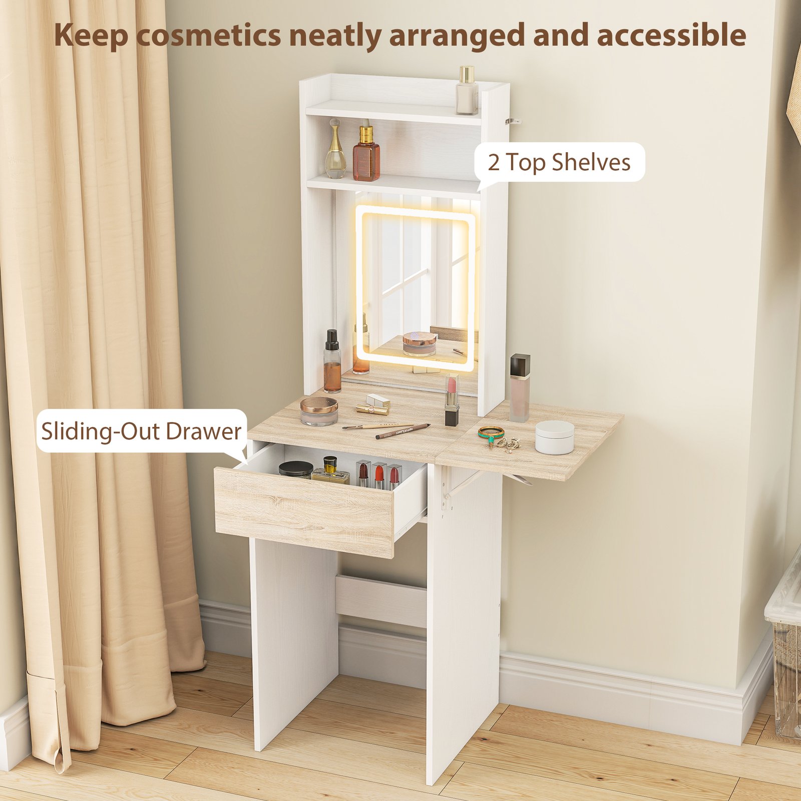 HOMCOM Small Vanity Desk with Mirror and LED Lights, Compact Dressing Table with Drop Leaf, Open Shelves and Drawer, White - Image 6