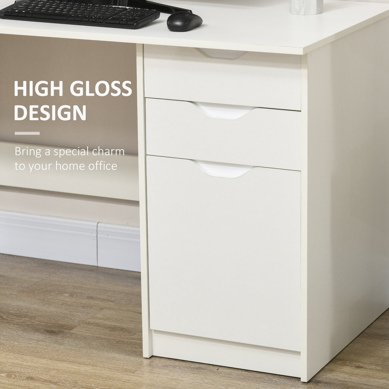 HOMCOM Computer Desk with Drawers, High Gloss Home Office Desk with Storage Cabinet, Study Workstation, 120 x 60cm, White - Image 4