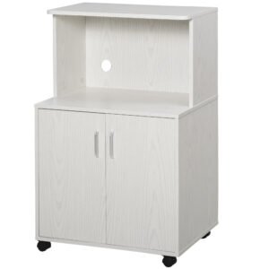 HOMCOM Kitchen Storage Unit, Modern Microwave Stand Trolley Cart, Sideboard with Cabinet,  Locking Wheels, Shelf for Living Room, Dining Room, White