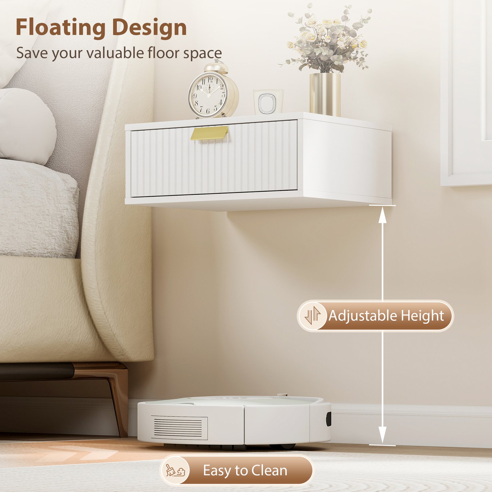 HOMCOM Modern Floating Nightstands Set of 2, Wall Mounted Bedside Tables with Wave Drawer White - Image 4
