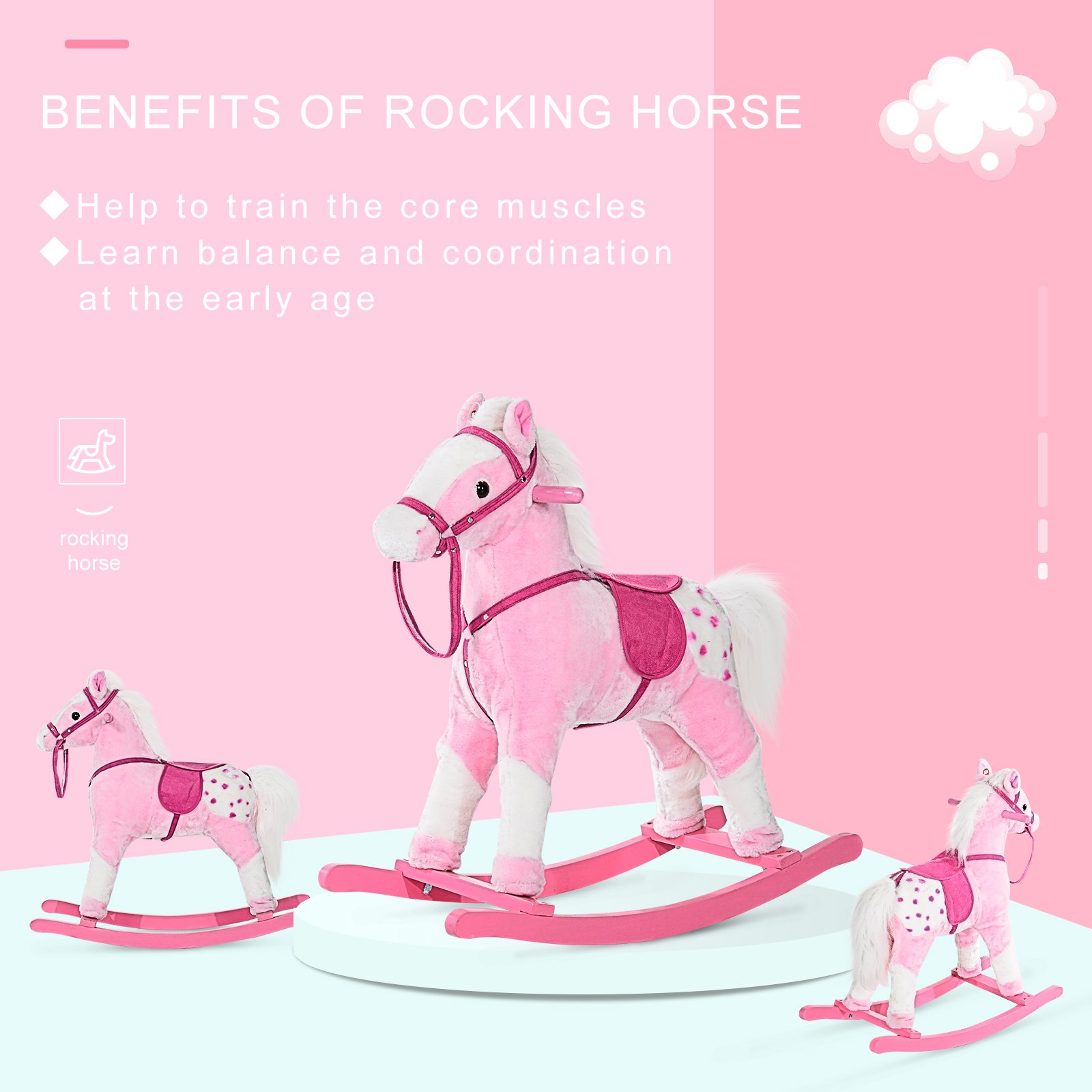 HOMCOM Baby Rocking Horse Plush Ride on Animals Rocker with Sound Handle Grip for Kids 3-6 Years - Pink - Image 6