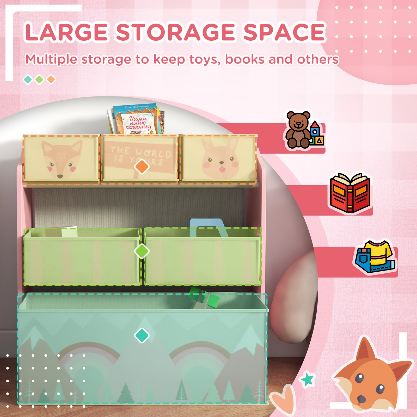 ZONEKIZ Kids Storage Unit, Toy Storage Organiser, with Six Fabric Bins, for Bedrooms, Playrooms, Nurseries - Pink - Image 4