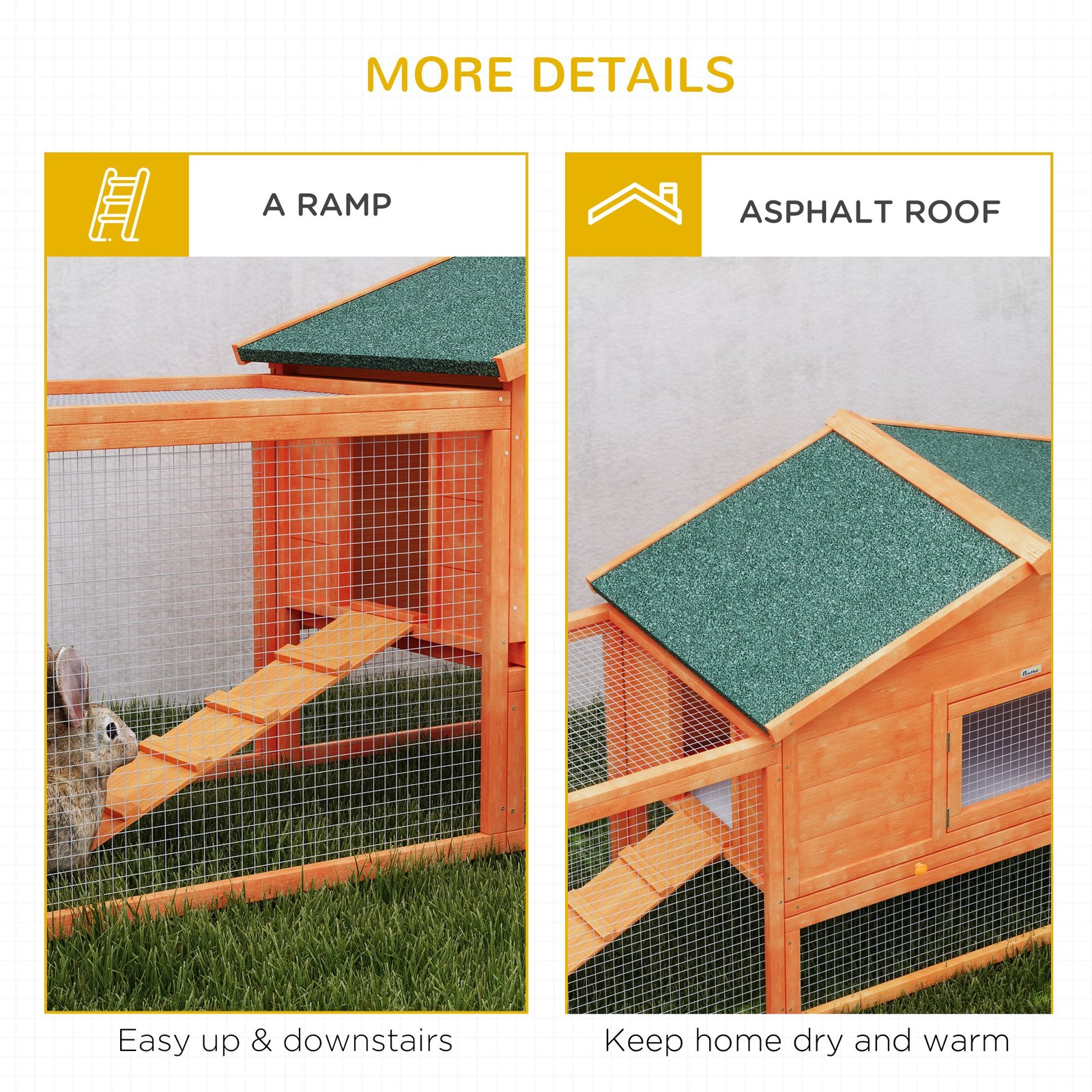 PawHut Wooden Rabbit Hutch with Run, Tray, Ramps, Asphalt Roof, 309 x 70 x 87cm, Orange - Image 7