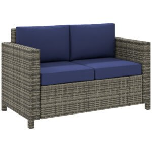 Outsunny Rattan Sofa, 2 Seater Garden Furniture with Soft Padded Cushion and Armrests, Wicker Garden Loveseat for Patio, Navy Blue