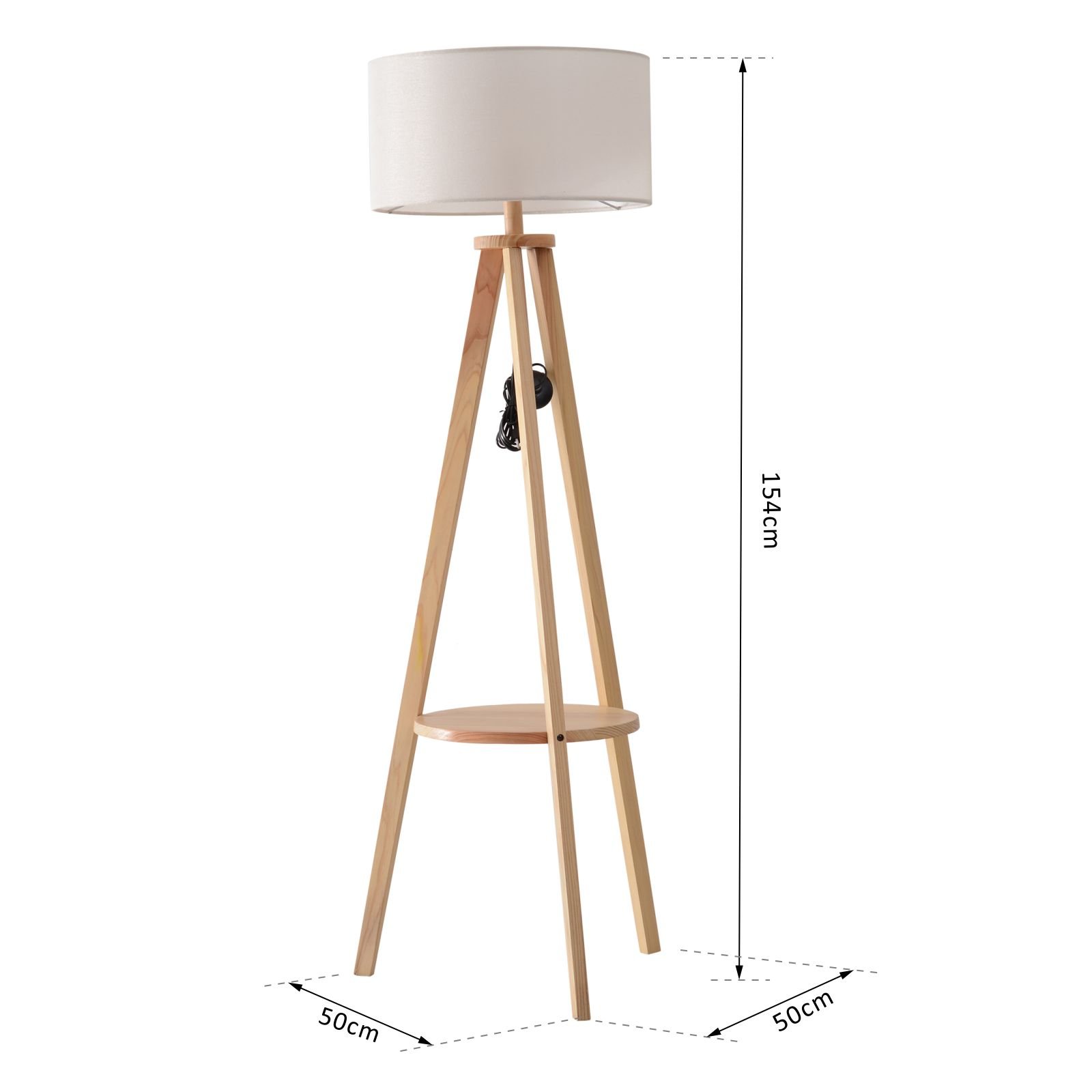 HOMCOM Tripod Floor Lamp, Freestanding Bedside Light Reading Light with Storage Shelf and Linen Shade for Living Room Bedroom, 154cm, Cream - Image 3