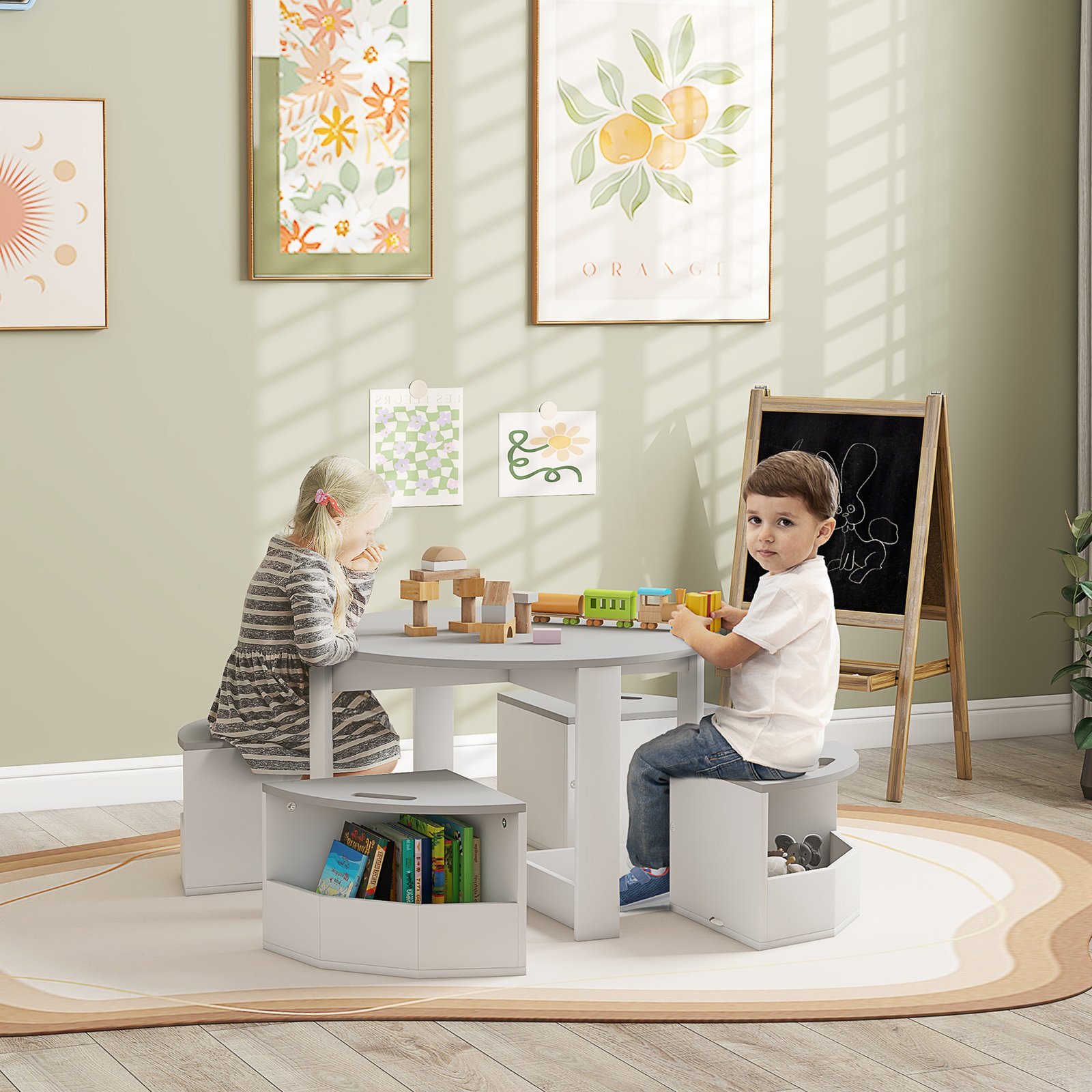 AIYAPLAY Five-Piece Kids Table and Chairs Set with Storage, for Ages 3-8 Years, Grey - Image 2