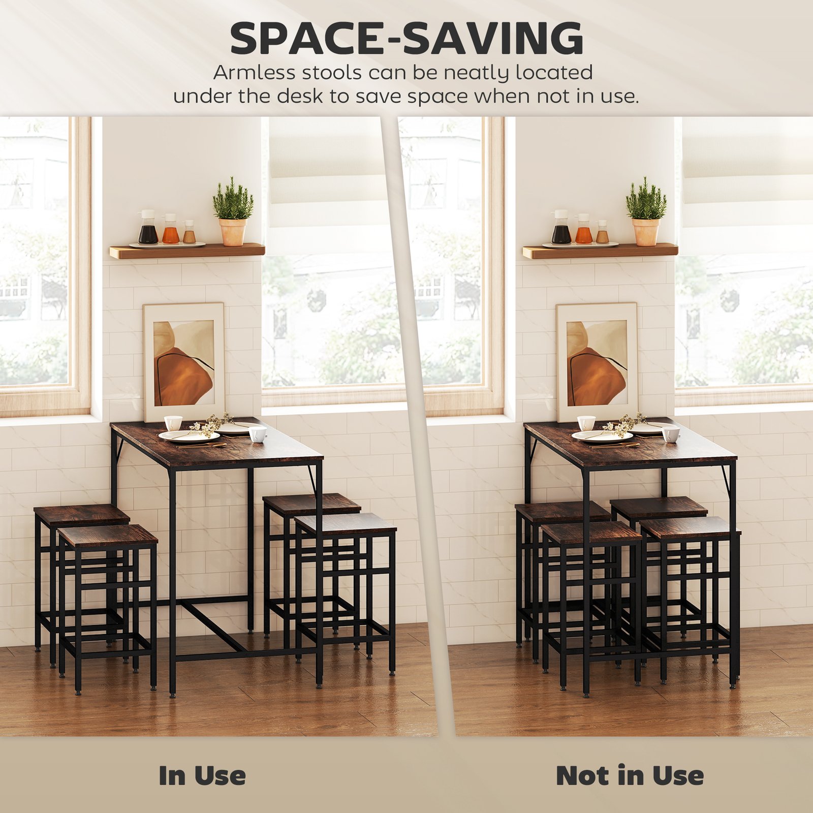 HOMCOM 5-Piece Breakfast Bar Table and Stools Set, Kitchen Bar Table Set with High Table and 4 Stools, Space Saving Compact Dining Furniture for Small Spaces, Rustic Brown - Image 4