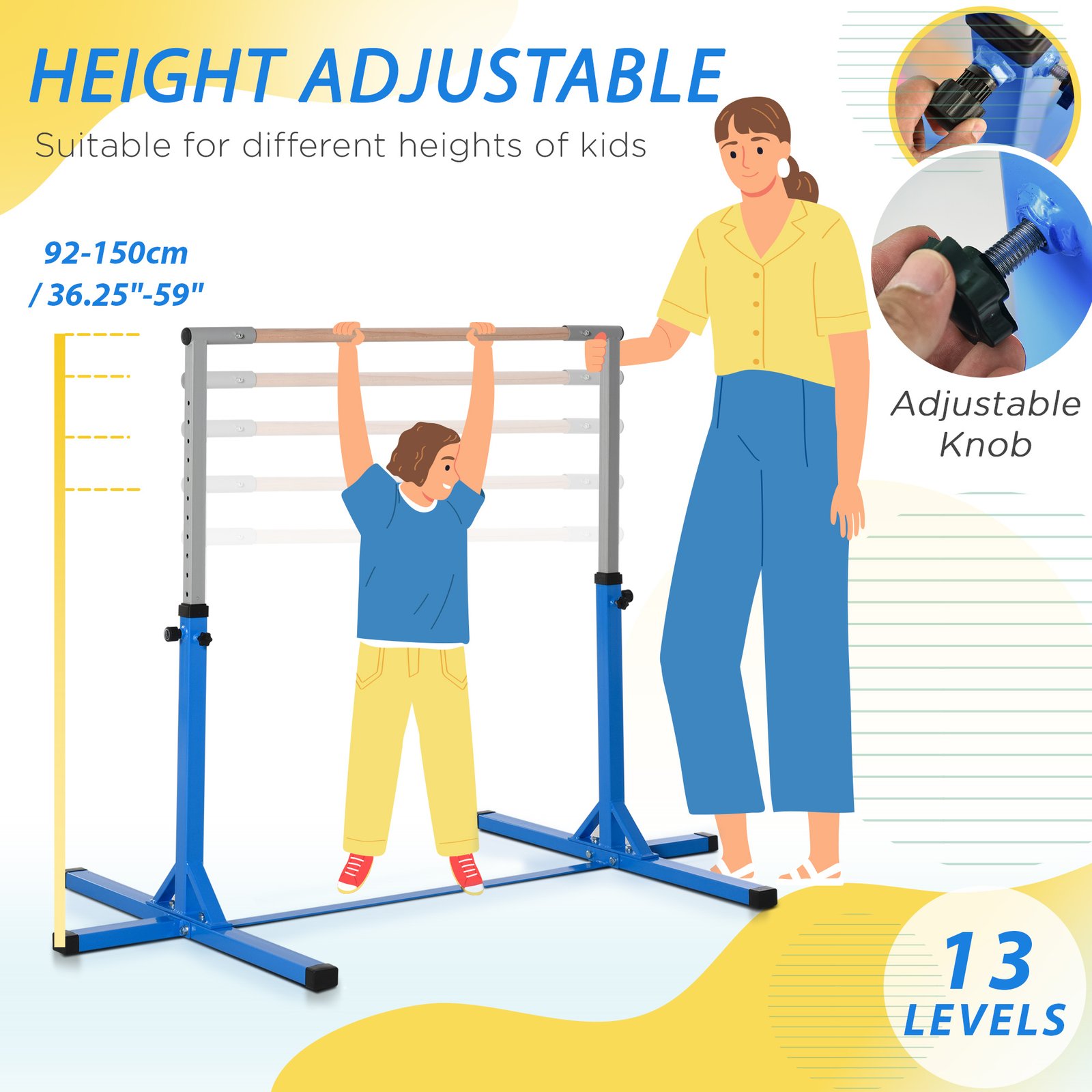 HOMCOM Height Adjustable Gymnastics Horizontal Bar for Kids, Children Junior Kip High Bar Fitness, Blue - Image 4