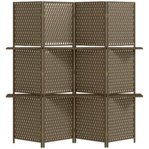 HOMCOM 4-Panel Room Dividers with Shelves, Wave Fibre Freestanding Folding Privacy Screen Panels, Partition Wall Divider for Indoor Bedroom Office, 180 cm, Brown