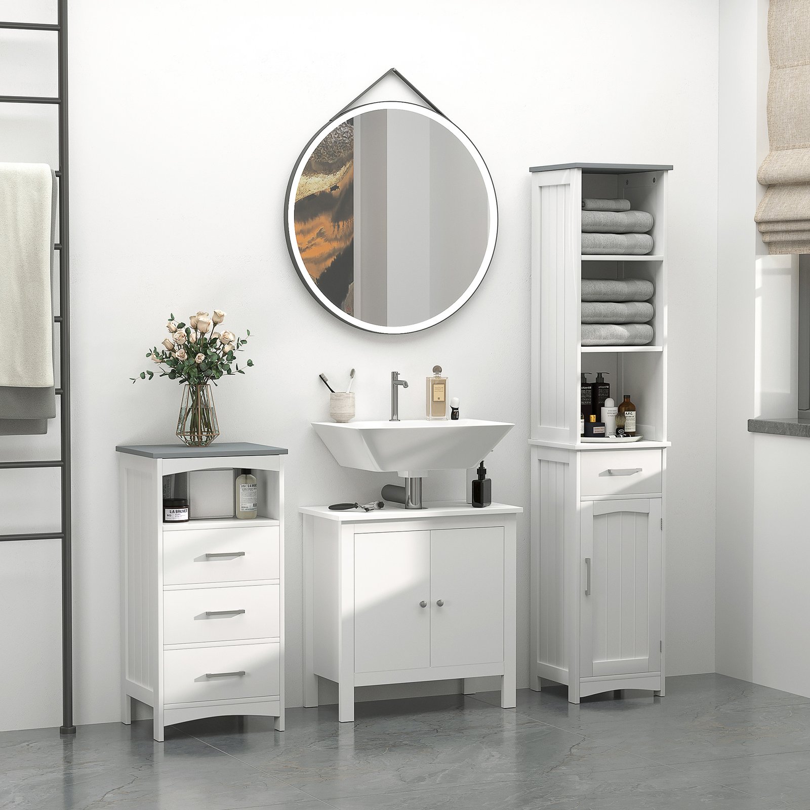 kleankin Tall Bathroom Storage Cabinet with 3 Tier Shelf, Cupboard, Drawer, Door, Freestanding Linen Tower, Slim Side Organizer, White - Image 9