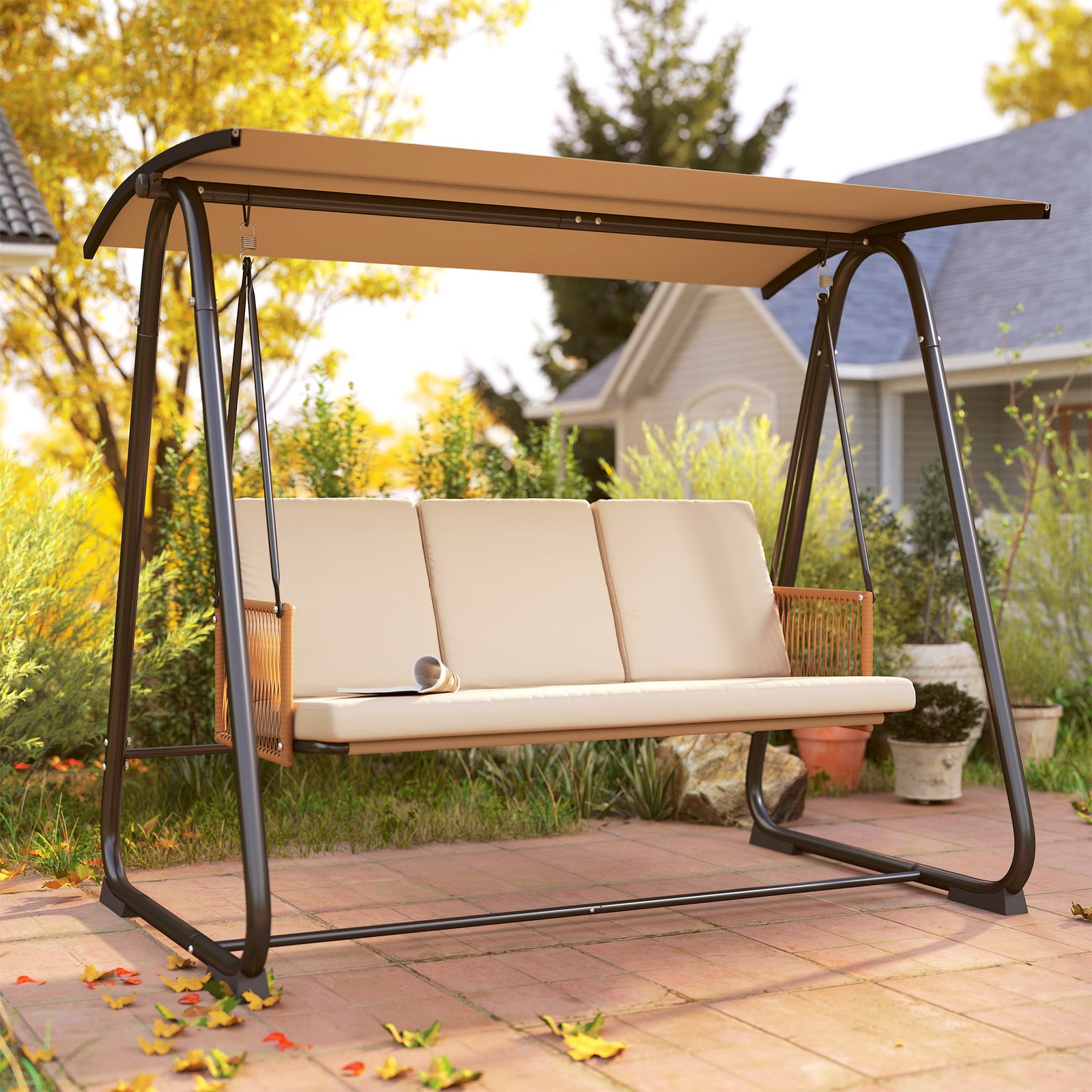 Outsunny 3 Seater Swing Chair with Adjustable Canopy, 360 kg Garden Swing Seat Outdoor Hammock Bench with Cushions, Sand Brown - Image 9