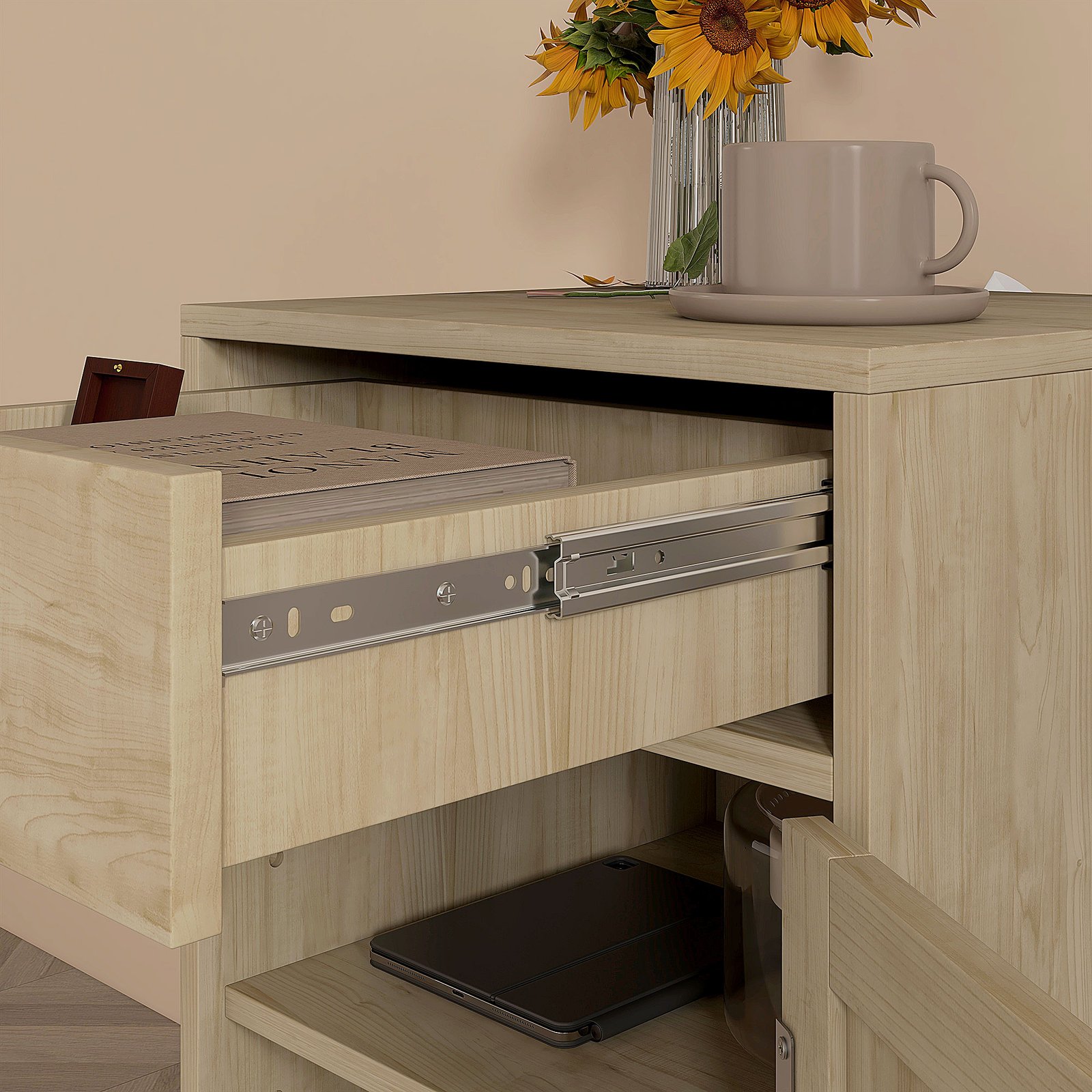 HOMCOM Bedside Table, Rattan Side Tables with Drawer, Cabinet and Adjustable Shelf, Boho Bedside Cabinet with Storage for Bedroom, Living Room, Natural Wood Effect - Image 9
