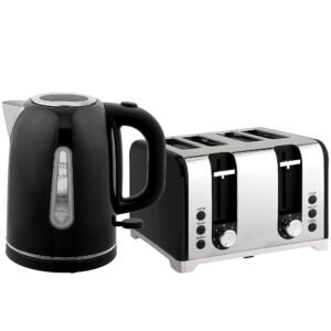 HOMCOM Kettle and Toaster Set, 1.7L 3000W Rapid Boil Jug Kettle with Otter Thermostat, Limescale Filter, 4 Slice Toaster with 7 Browning Controls, Crumb Tray, LED Strip, Black