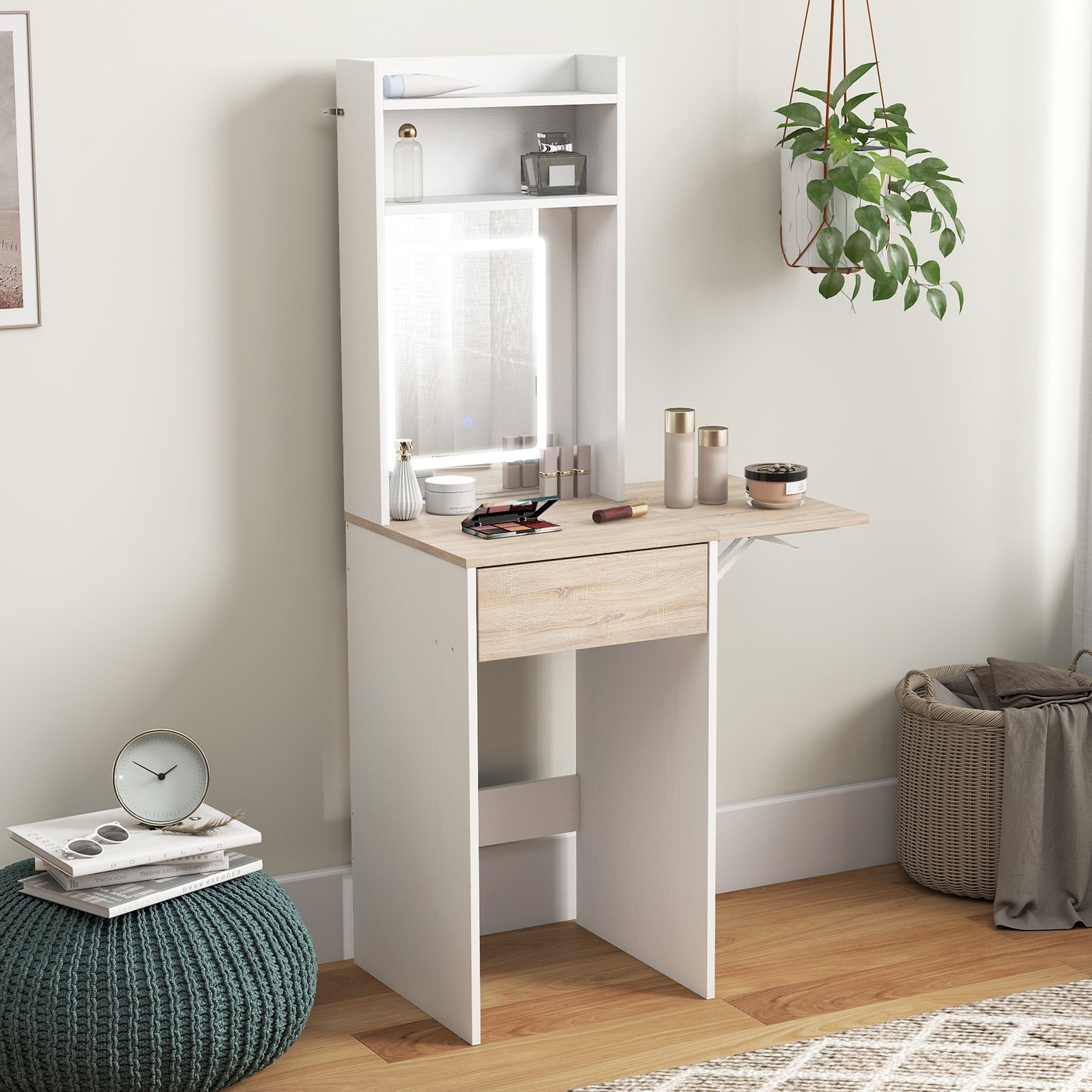 HOMCOM Small Vanity Desk with Mirror and LED Lights, Compact Dressing Table with Drop Leaf, Open Shelves and Drawer, White - Image 8