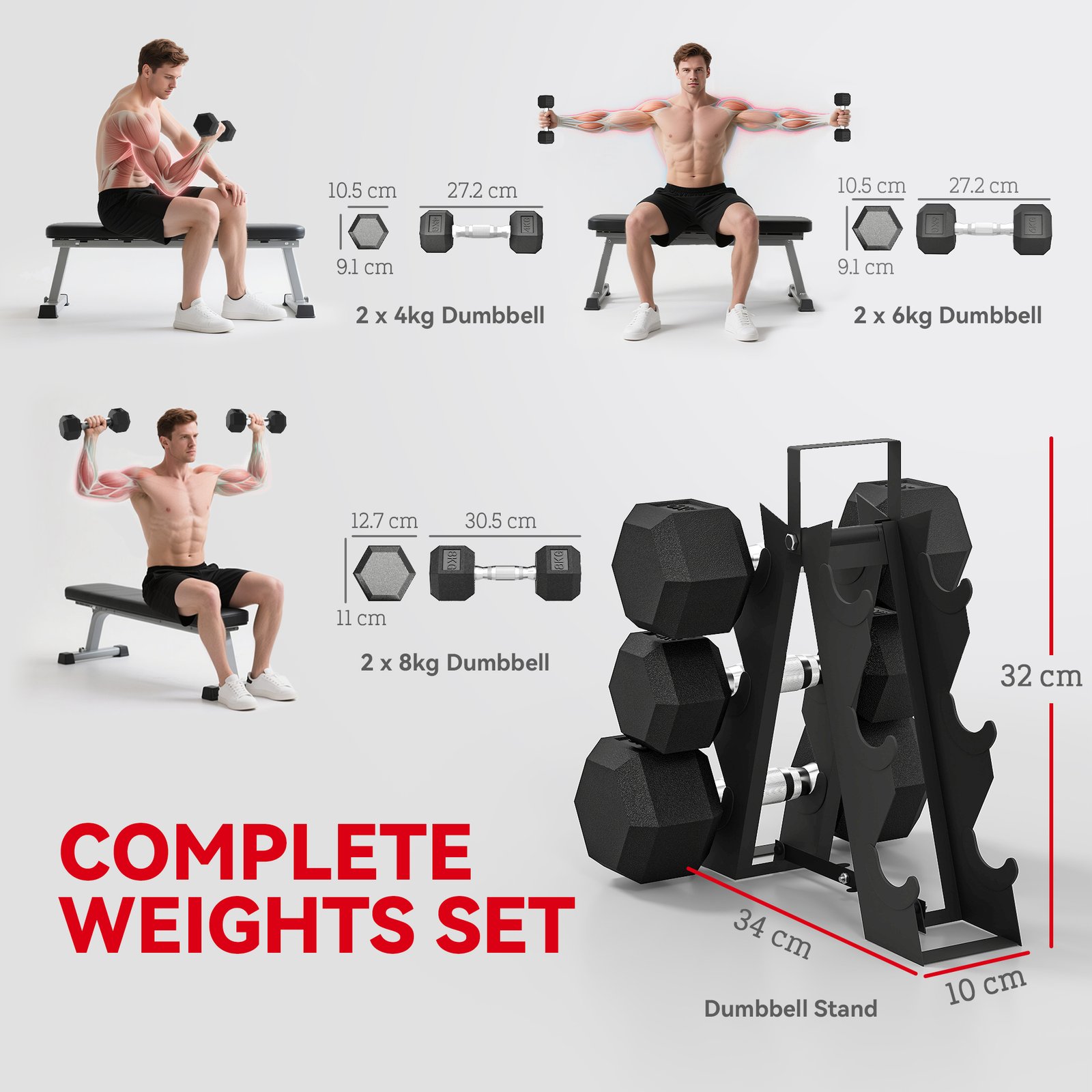 SPORTNOW Hex Dumbbell Set with Weights Storage Rack, Rubber Coated Dumbbells, Non-Slip Chrome Handles, Space-Saving for Home Gym Weight Lifting Strength Training, 2 x 4kg, 2 x 6kg, 2 x 8kg - Image 4
