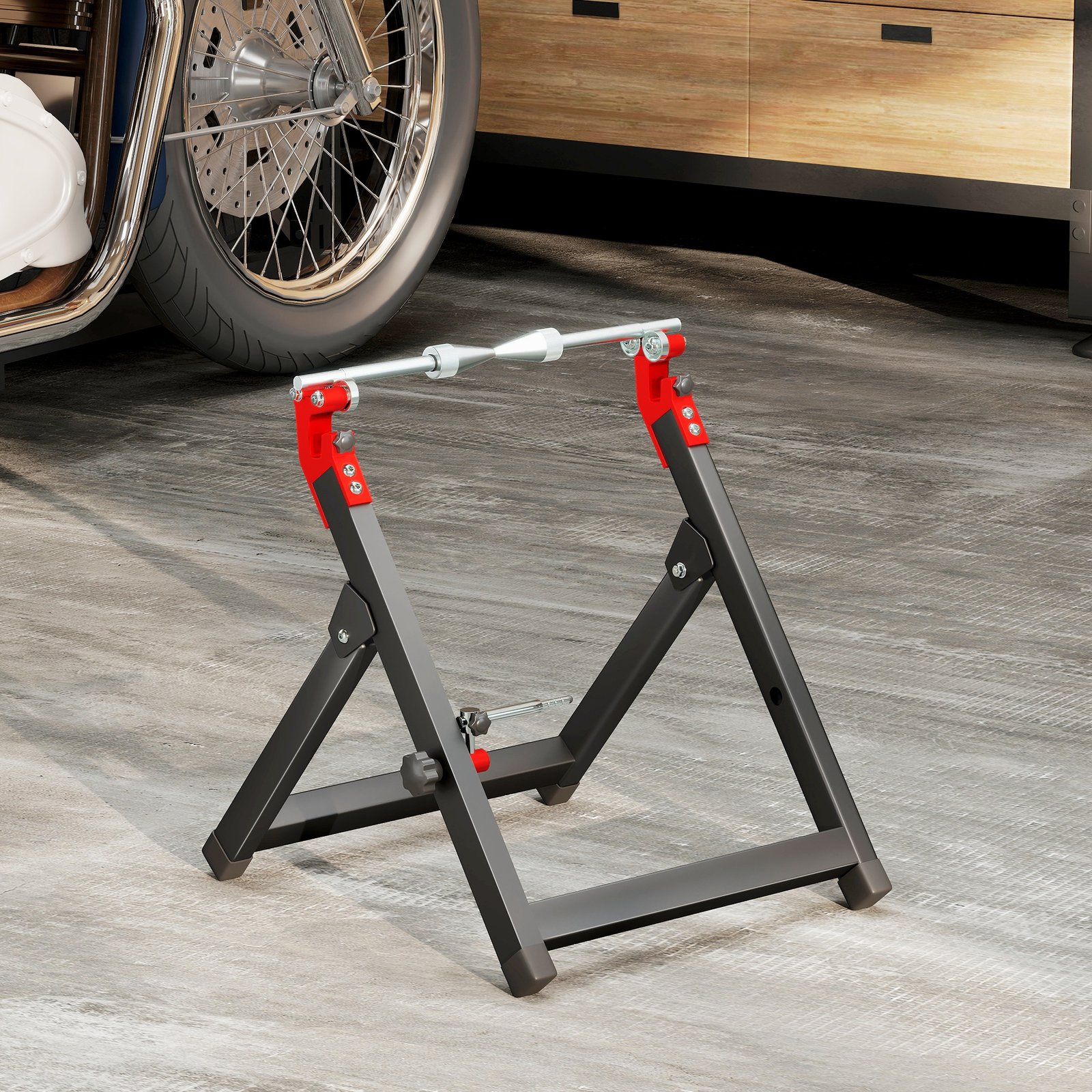 HOMCOM Foldable Motorcycle Wheel Balancer Truing Stand with Spoke Wrench, Steel Bike Tyre Rim Balancing Stand with Aluminium Shaft, Fits Wheels up to 23" in Diameter, 5" in Width, Black - Image 8