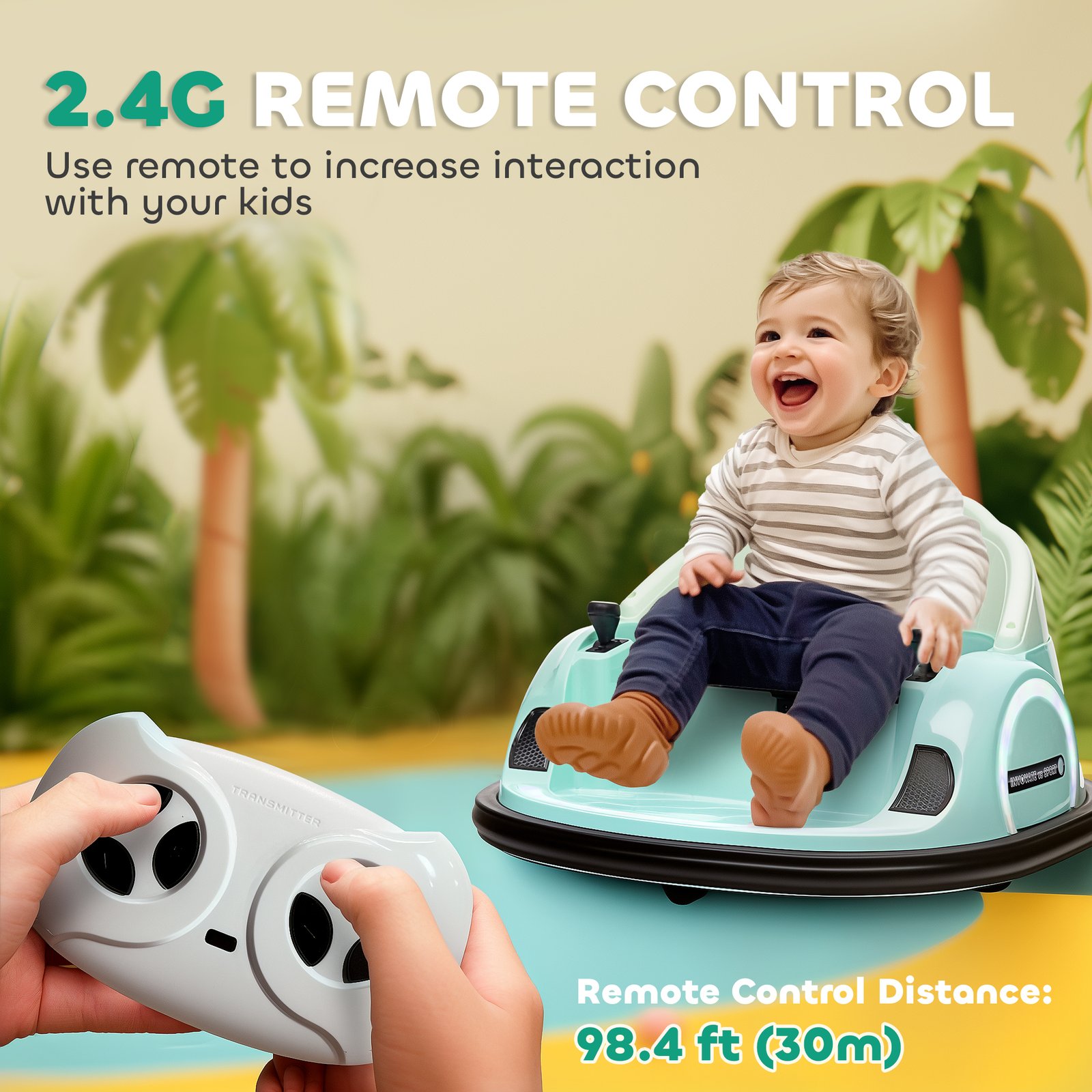 AIYAPLAY 360° Rotation Kids Bumper Car, 12V Waltz Car with Remote Control, Dual Joystick, Music, Lights, Green - Image 6