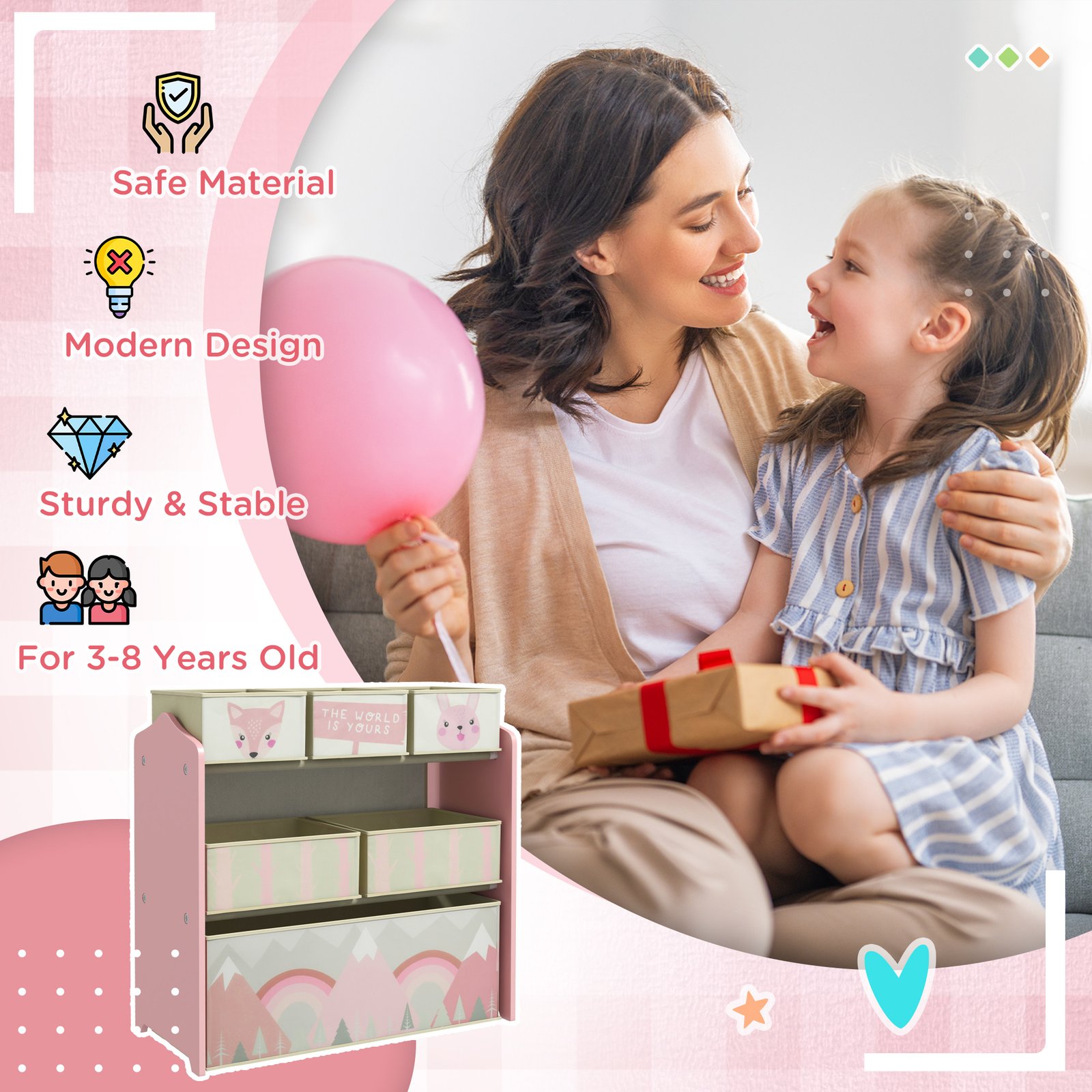 ZONEKIZ Kids Storage Unit, Toy Storage Organiser, with Six Fabric Bins, for Bedrooms, Playrooms, Nurseries - Pink - Image 7