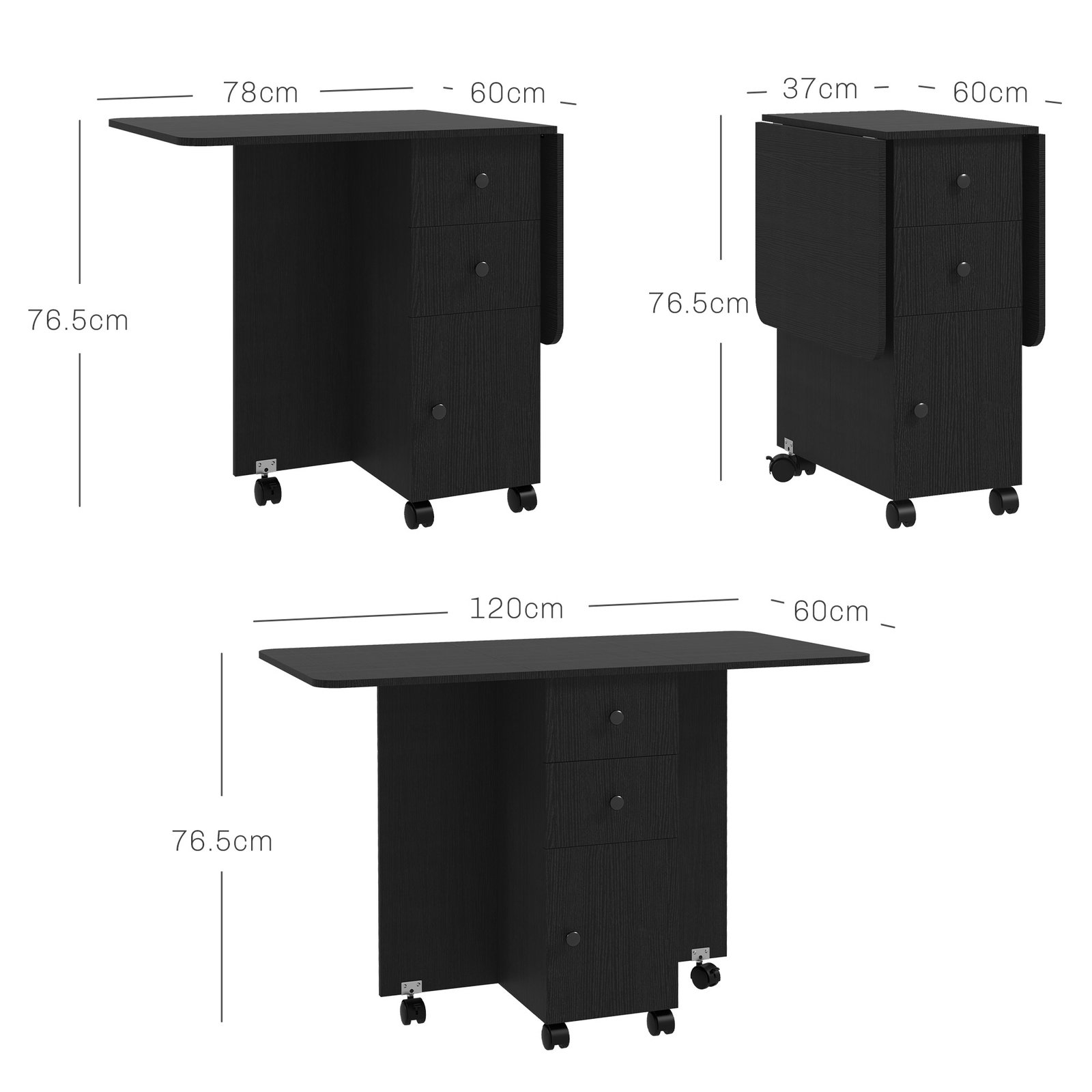 HOMCOM Multi-Storage Six-Person Drop Leaf Dining Table - Distressed Black - Image 3