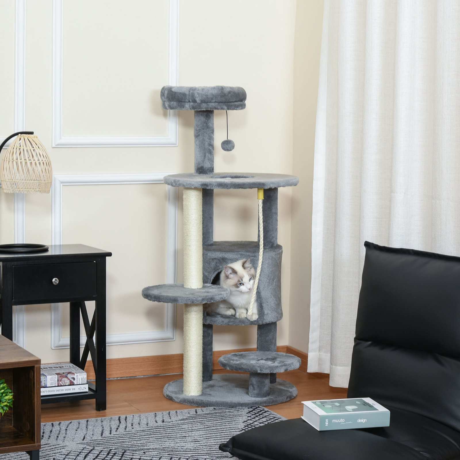 PawHut Cat Tree Tower for Indoor Cats 112cm Climbing Kitten Activity Center with Jute Scratching Post Perch Hanging Ball Toy Teasing Rope Dark grey - Image 7
