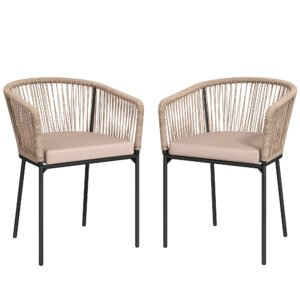 Outsunny Garden Chairs Set of 2, Rattan Garden Dining Chairs with String Back Armrests, Cushions, Natural Wood Finish