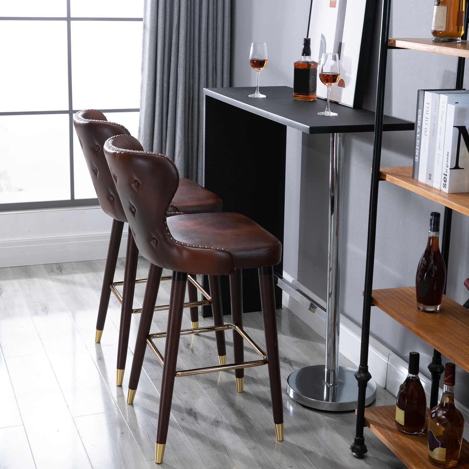 HOMCOM Bar Stools Set of 2, PU Leather Barstools with Back, Footrest and Wood Legs for Kitchen, Counter, Breakfast Bar, Brown - Image 8