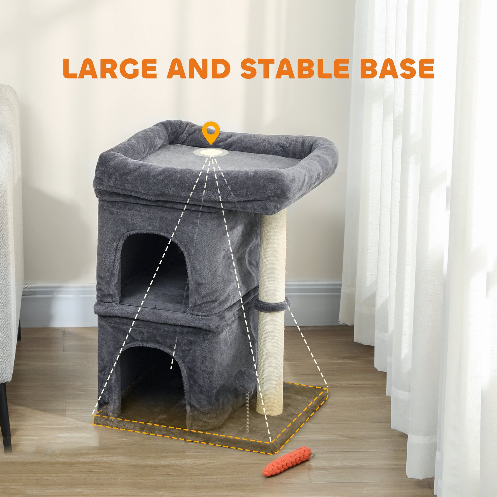 PawHut 66 cm Small Cat Tree for Large Cats, Cat Tower w/ Large Top Perch, 2 Condos, Sisal Scratching Post, Toy Ball, Dark Grey - Image 6