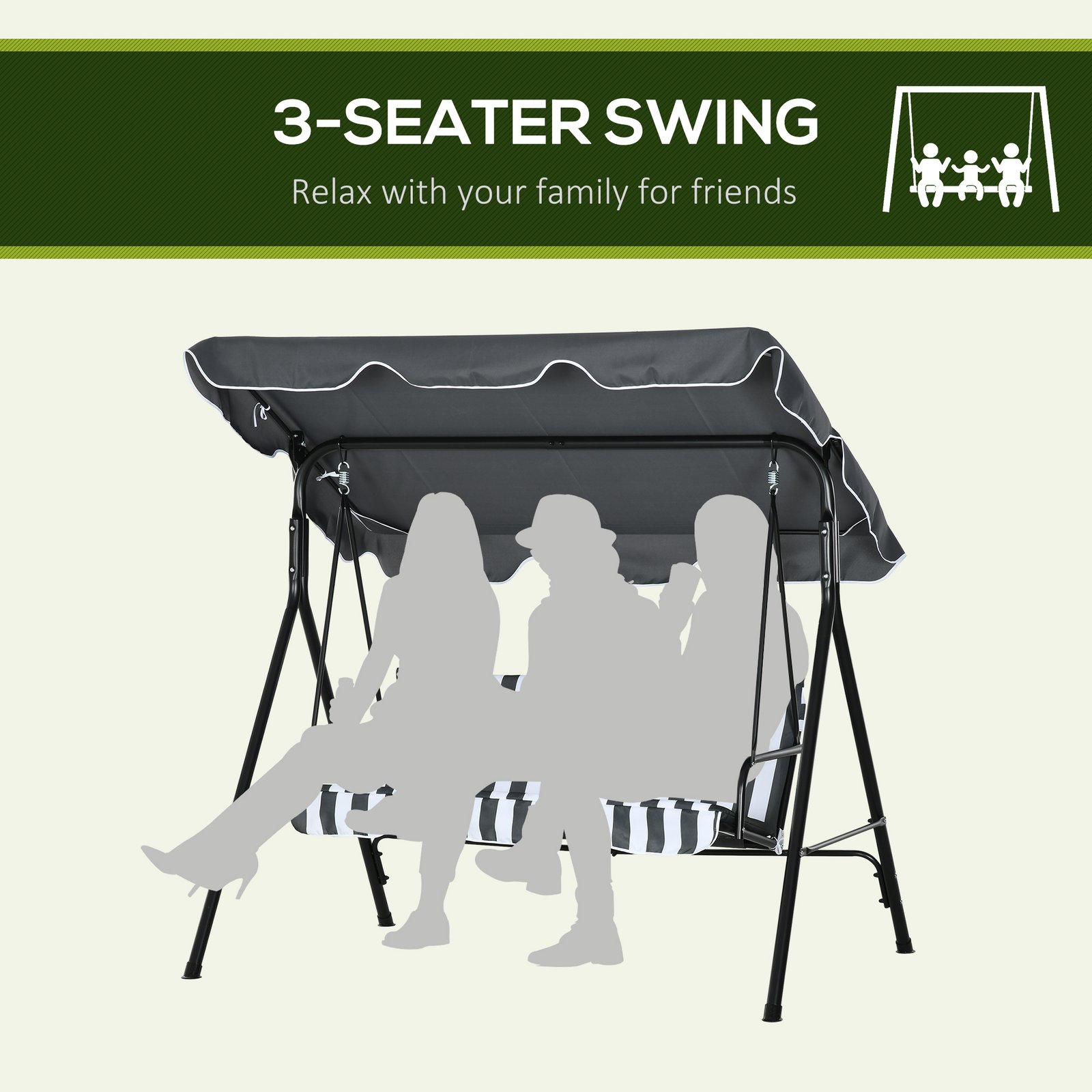 Outsunny 3 Seater Garden Swing Chair, Outdoor Swing Chair with Adjustable Canopy, Mental Frame & Cushions, Grey - Image 6