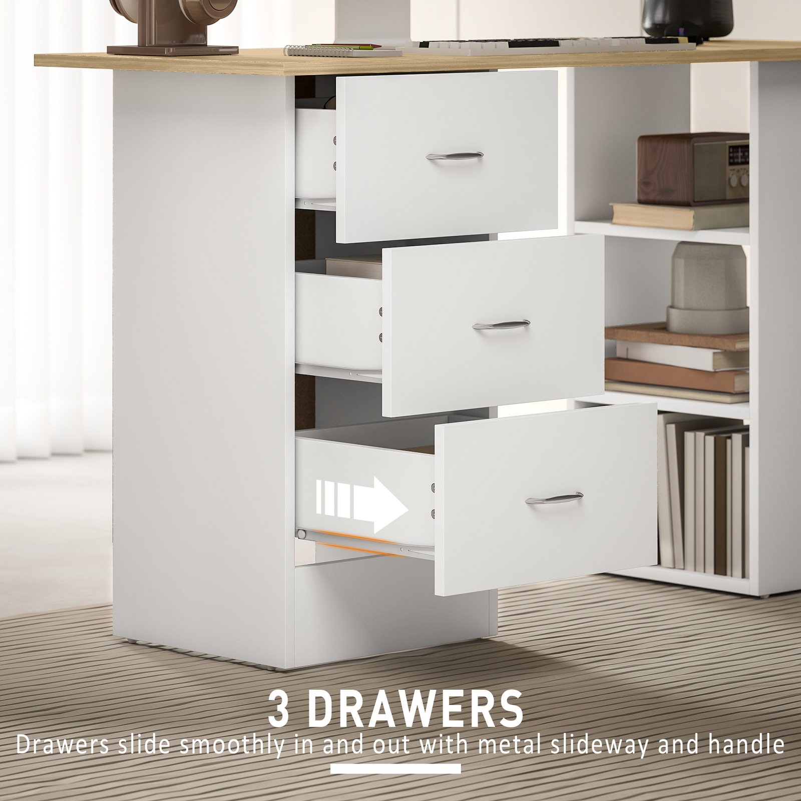 HOMCOM Computer Desk with Drawers, Home Office Desk, Writing Table, PC Workstation with 3 Storage Shelves for Working, Study, 120 x 49 x 72 cm, Natural Wood Finish and White - Image 5