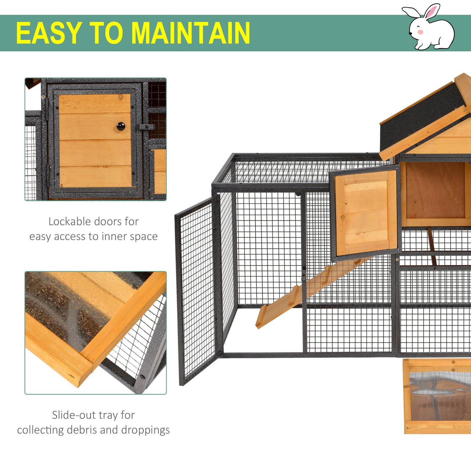 PawHut Wood-metal Guinea Pigs Hutches Elevated Pet Bunny House Rabbit Cage with Slide-Out Tray Outdoor - Image 5