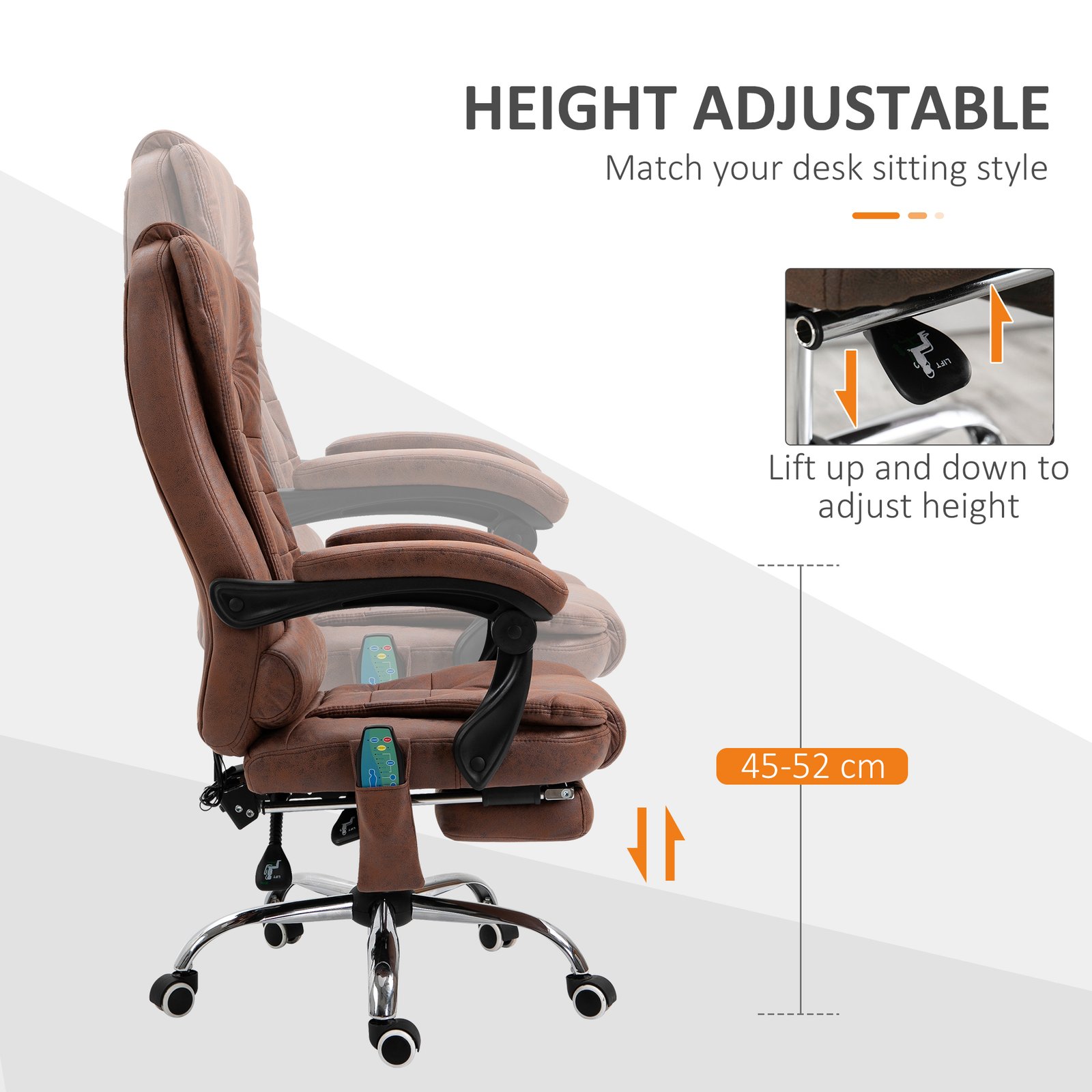 Vinsetto Heated 6 Points Vibration Massage Executive Office Chair Adjustable Swivel Ergonomic High Back Desk Chair Recliner with Footrest Brown - Image 6