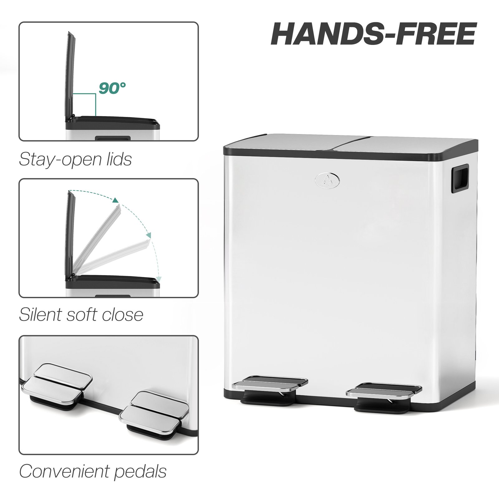 HOMCOM 40L Dual Compartment Stainless Steel Bin, with Deodoriser Holders - Silver Tone - Image 6