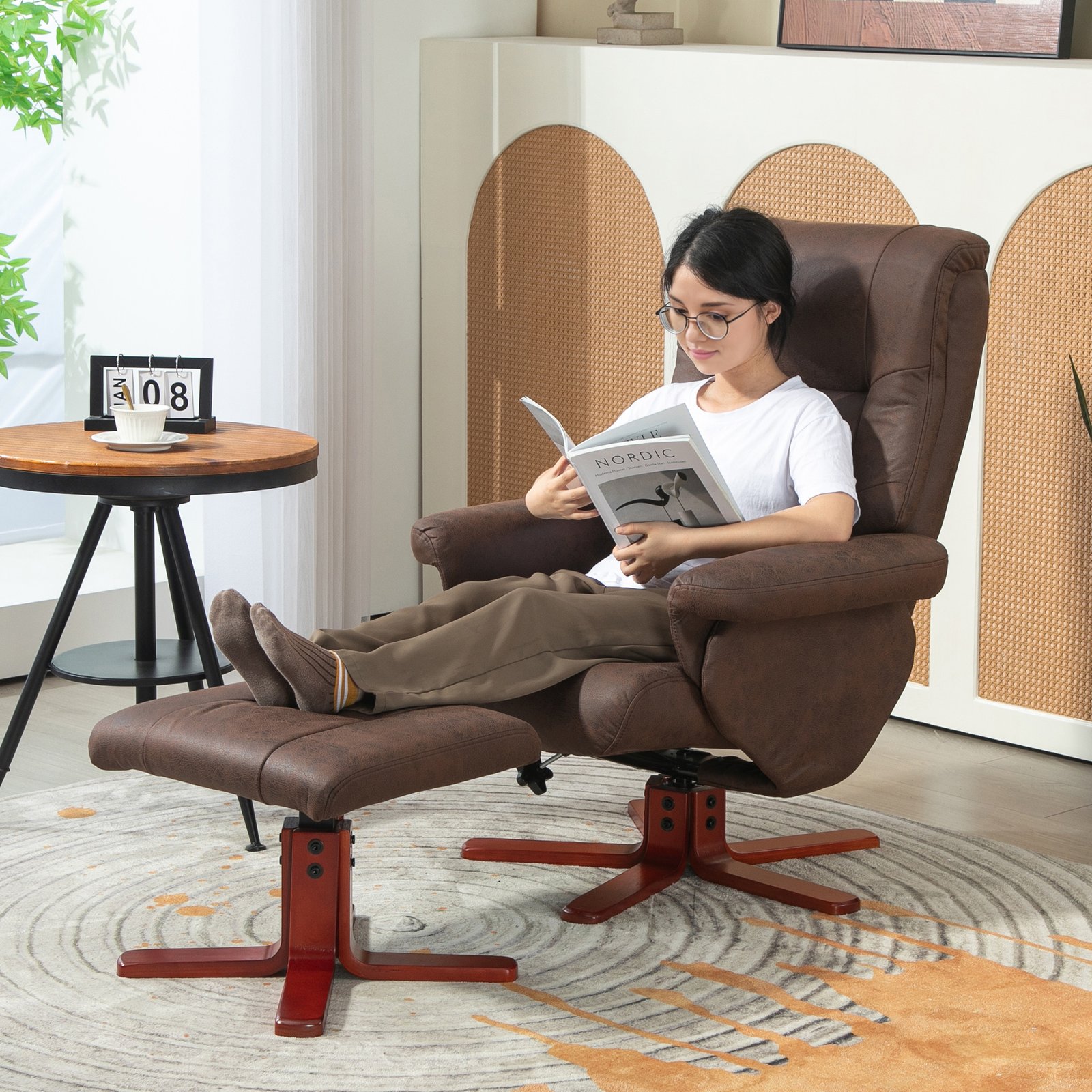 HOMCOM Faux Microfibre Leather Manual Recliner and Footstool Set - Dark Brown - Image 2