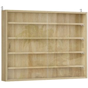 HOMCOM 5-Tier Wall Display Shelf Unit Cabinet w/ 4 Adjustable Shelves Glass Doors Home Office Ornaments 60x80cm Oak