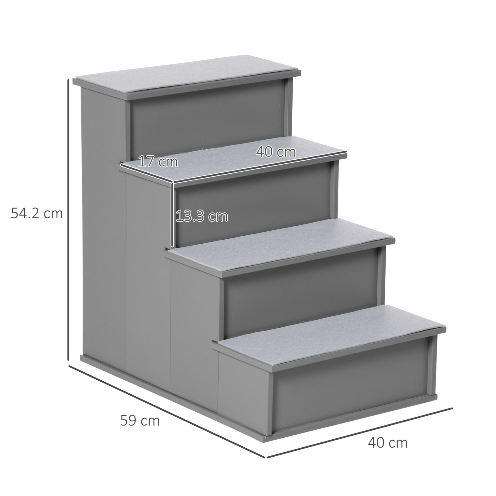 PawHut 4 Step Dog Steps for Bed, Wooden Dog Steps for Sofa, Pet Stairs for Bed Couch with Non-Slip Carpet for Cats and Puppies, 40 x 59 x 54.2 cm, Grey - Image 3