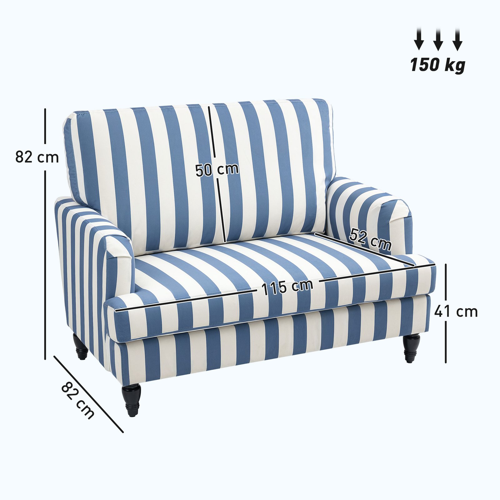 HOMCOM Modern Cuddle Chair, Velvet Single Sofa Armchair with Stripe, Turned Legs and Wide Seat, Upholstered Snuggle Chair for Living Room, Bedroom, Blue and White - Image 3