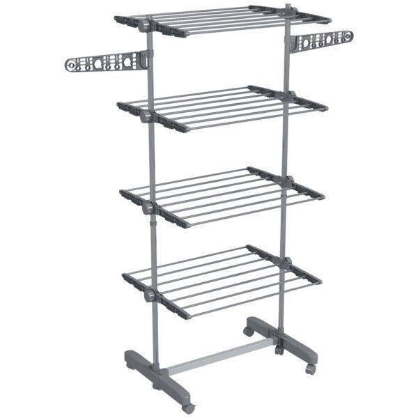 HOMCOM Four-Shelf Collapsing Clothes Horse, With Side Arms and Wheels – Grey HOMCOM Four-Shelf Collapsing Clothes Horse, With Side Arms and Wheels – Grey