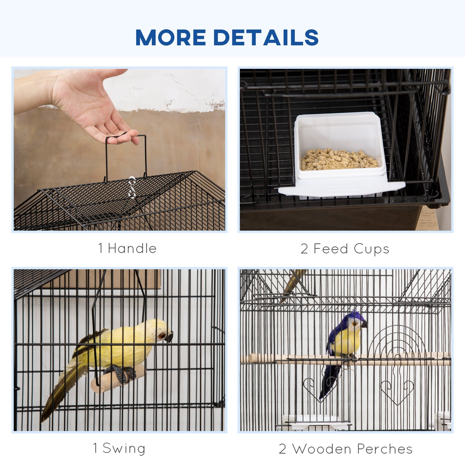 PawHut Metal Bird Cage with Plastic Swing, Perch, Food Container, Tray, Handle, for Finches, Canaries, Budgies, 43.5 x 33 x 121 - Image 4