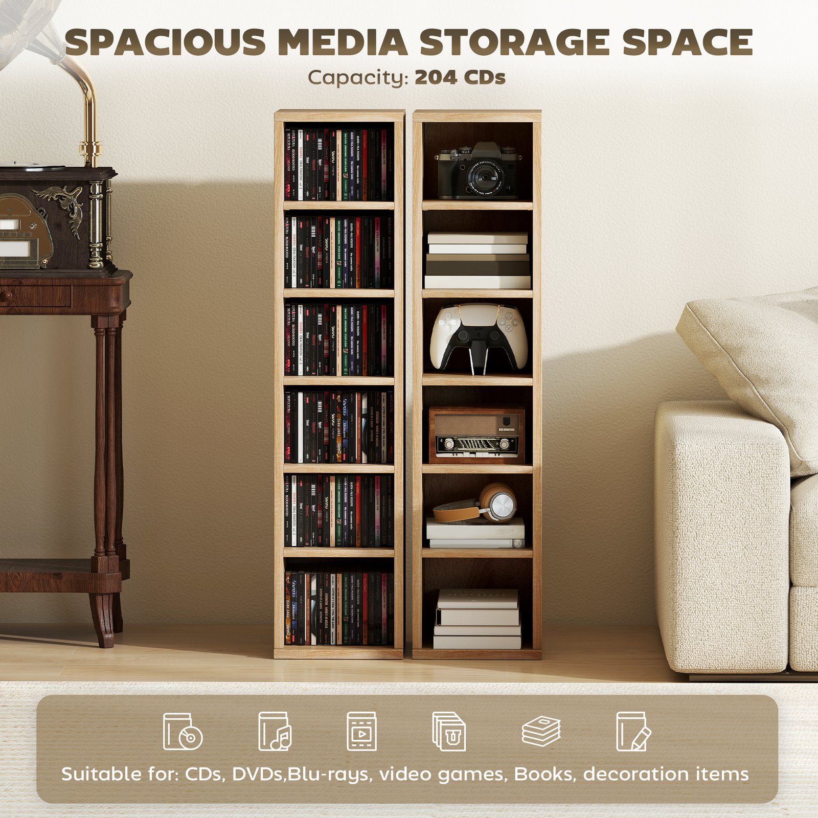 HOMCOM Set of 2 CD Media Display Shelf Unit Tower Rack with Adjustable Shelves, Oak - Image 4