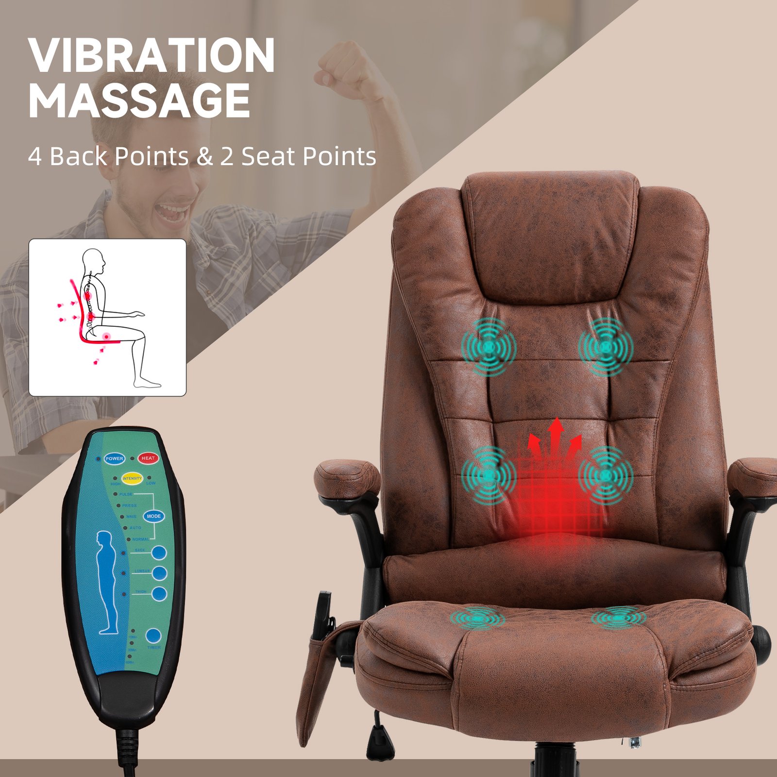 Vinsetto Massage Recliner Chair Heated Office Chair with Six Massage Points Microfiber Cloth 360° Swivel Wheels Brown - Image 4