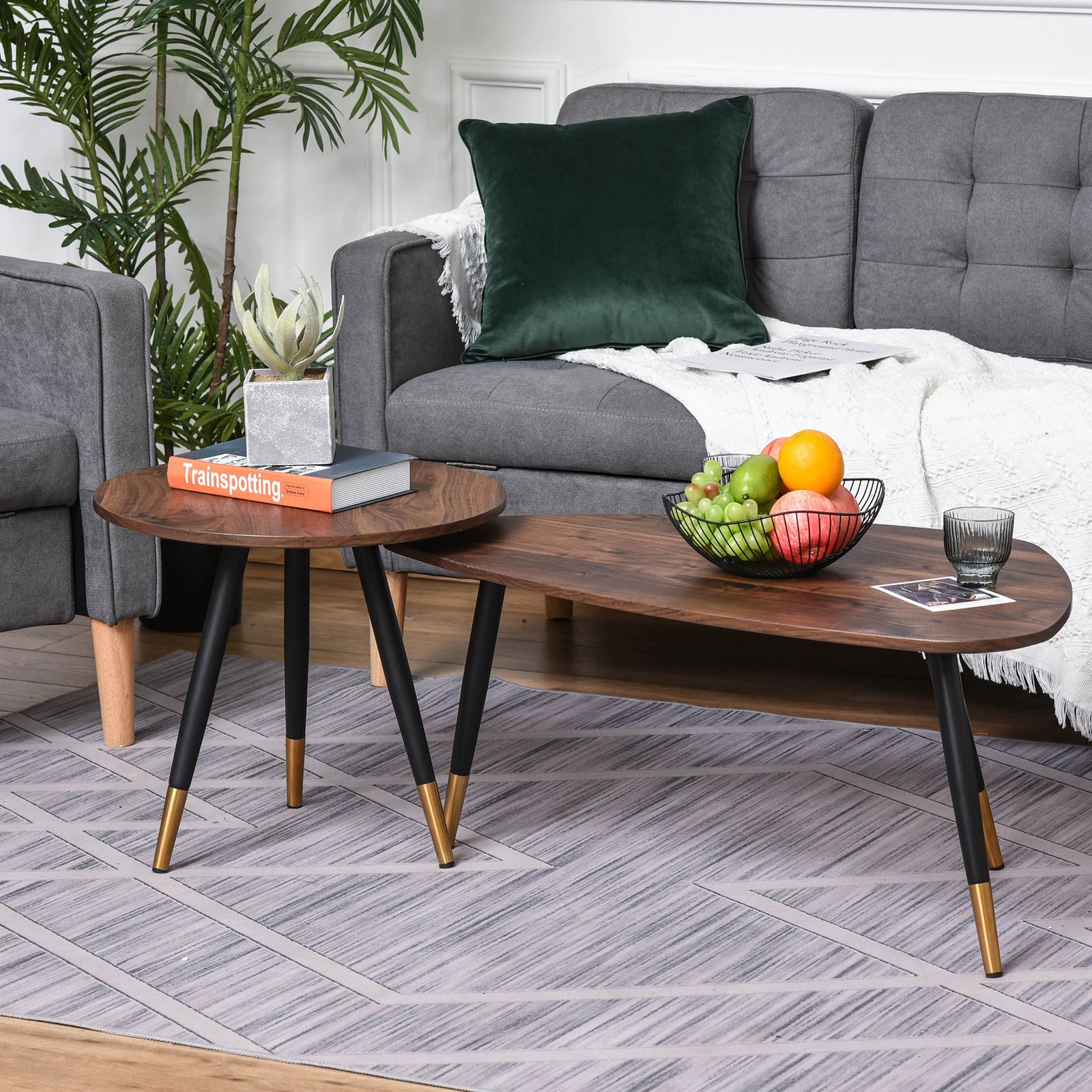HOMCOM Set of Two Scandinavian-Style Coffee Tables - Walnut - Image 2